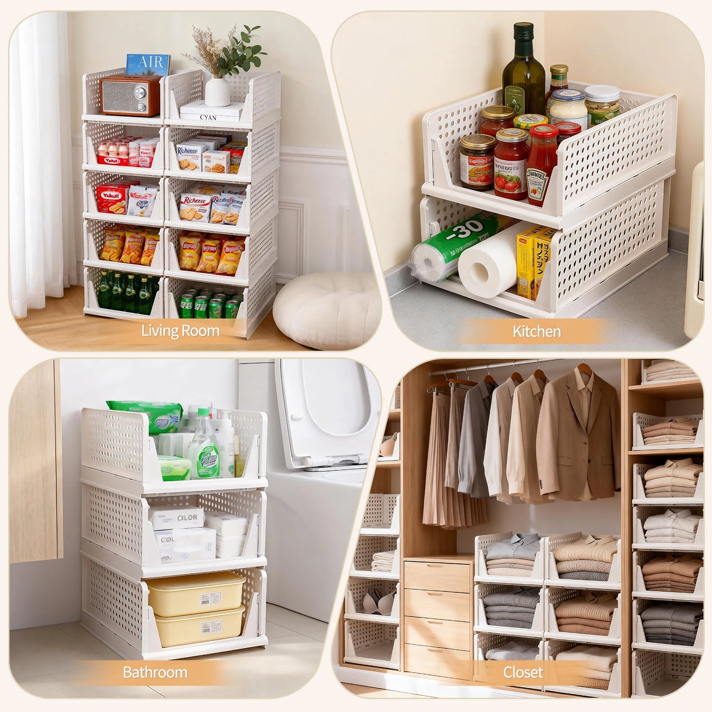 5 Pack Stackable Closet Storage Basket, Multifunctional Closet Organizer for Kitchen Bathroom Laundry Room Wardrobe Storage, Space-Saving Clothes Storage Drawer Organizer, White