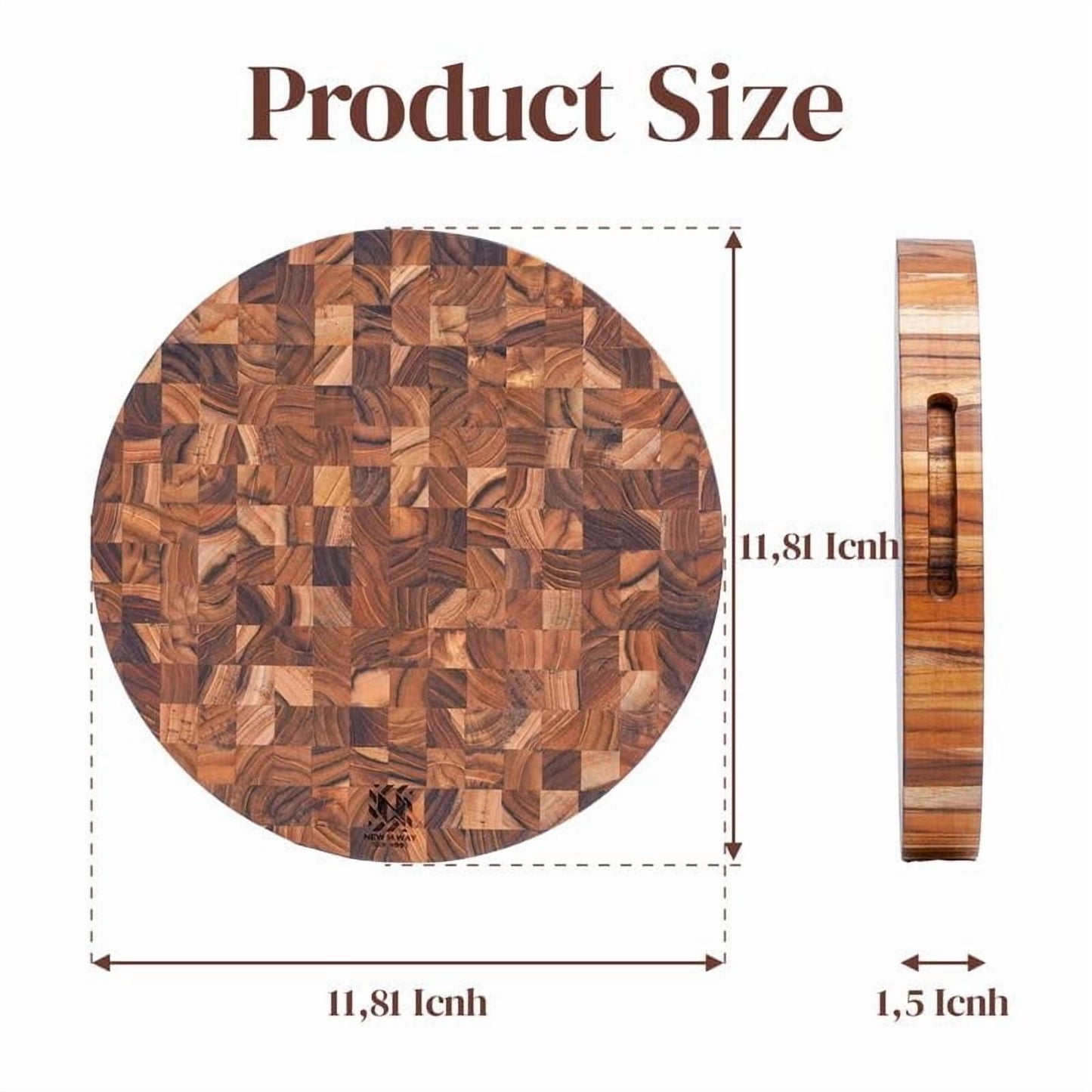 Teak Wood Round End Grain Cutting Board 12 Inch, Extra Thick Butcher Block Cutting Board for Meat & Kitchen Prep, Pizza Serving Board