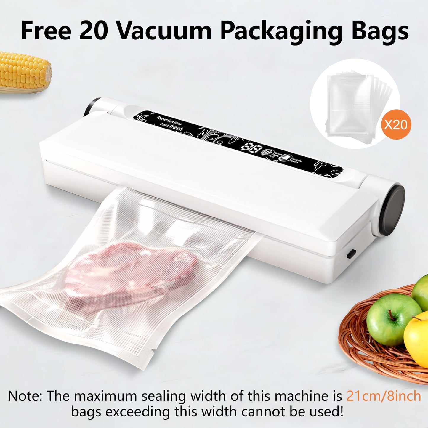 Vacuum Sealer, 62Kpa Food Sealer Machine with Dry/Wet Modes and 20 Sealer Bags for Kitchen Storage & Meal Prep, Digital Countdown Timer, Compact Design