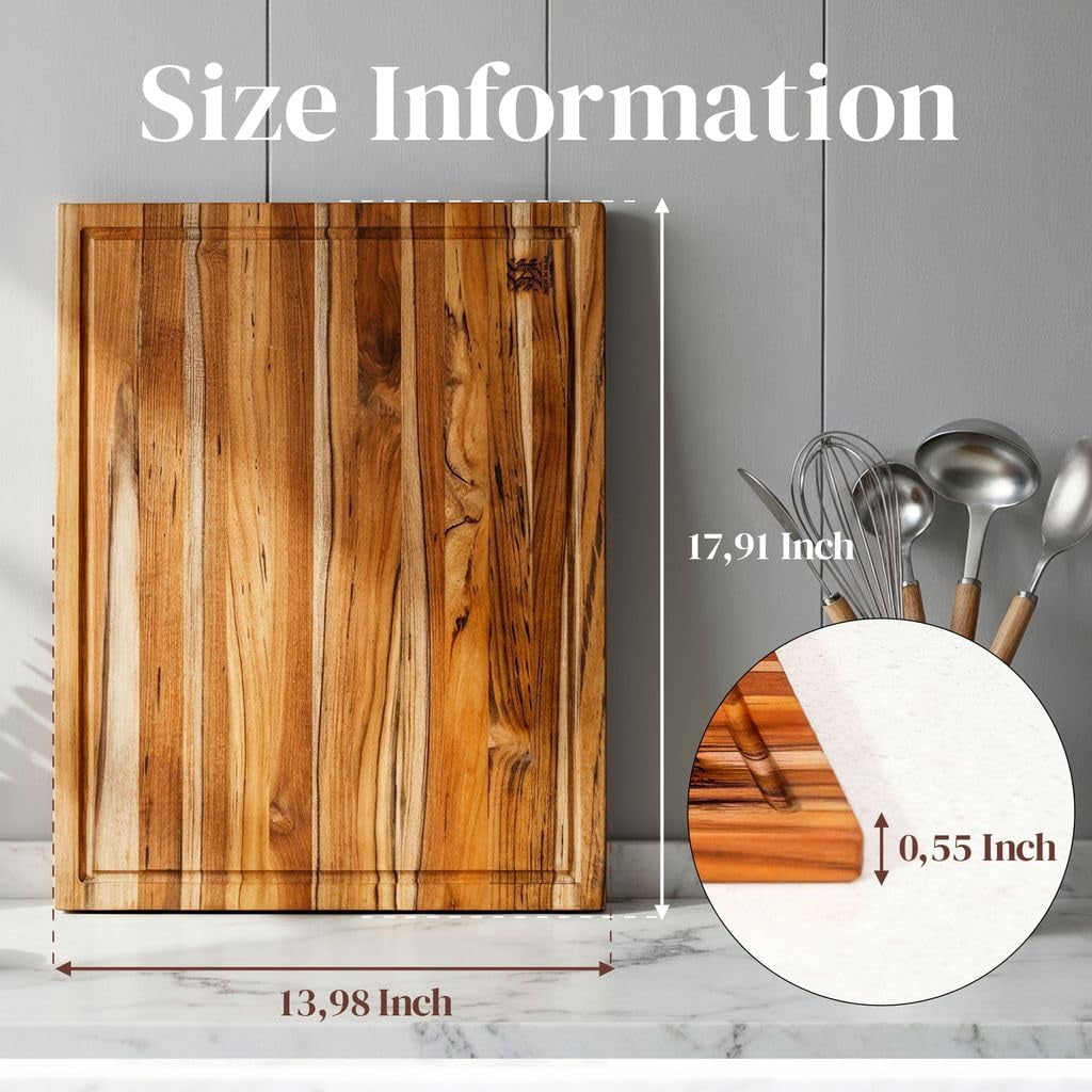 18x14 Inch Teak Wood Cutting Board for Kitchen Meat, Fruit, Pizza Prep - Large Thin Edge Grain with Juice Groove, Solid Hardwood, Non-Toxic, BPA & Plastic Free