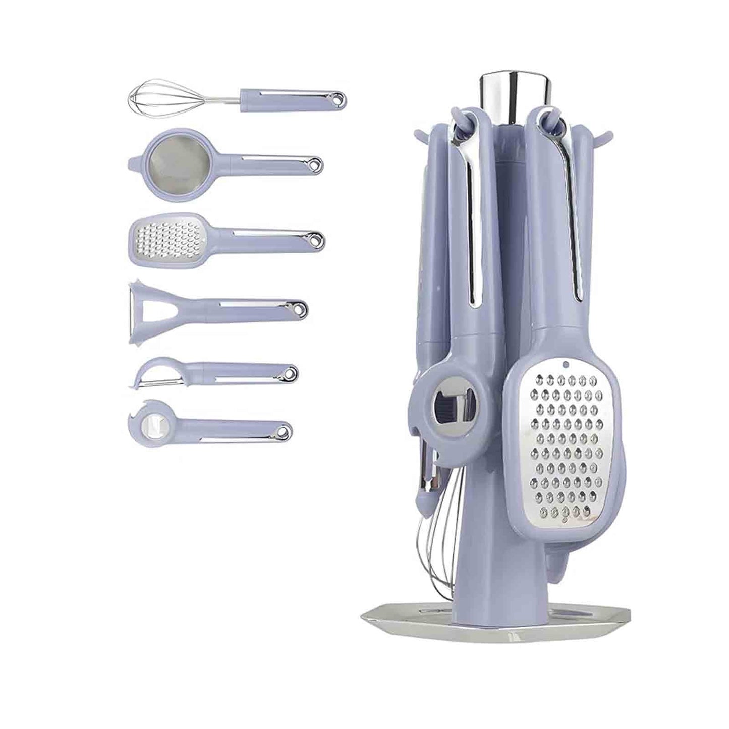 Kitchen Helper Tool Set,Multifunctional Storage Rack,Stainless Steel Grater,Egg Whisk Bottle Opener,Strainer Peeler Set,Wooden Hook Rack,Easy Clean Utensils,7 Piece Cookware Set,Desert Theme Rack