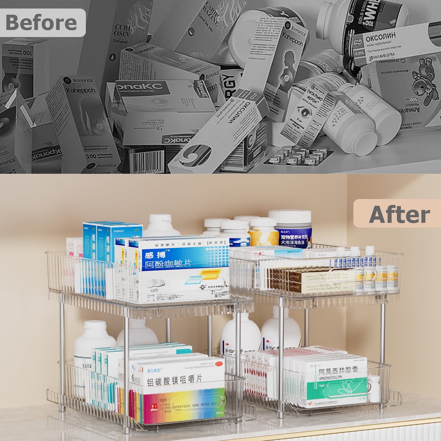 2 Pack Pull Out Bathroom Organizers and Storage, Under Sink Organizer, 2 Tier Kitchen Cabinet Organizer Storage Rack, Clear