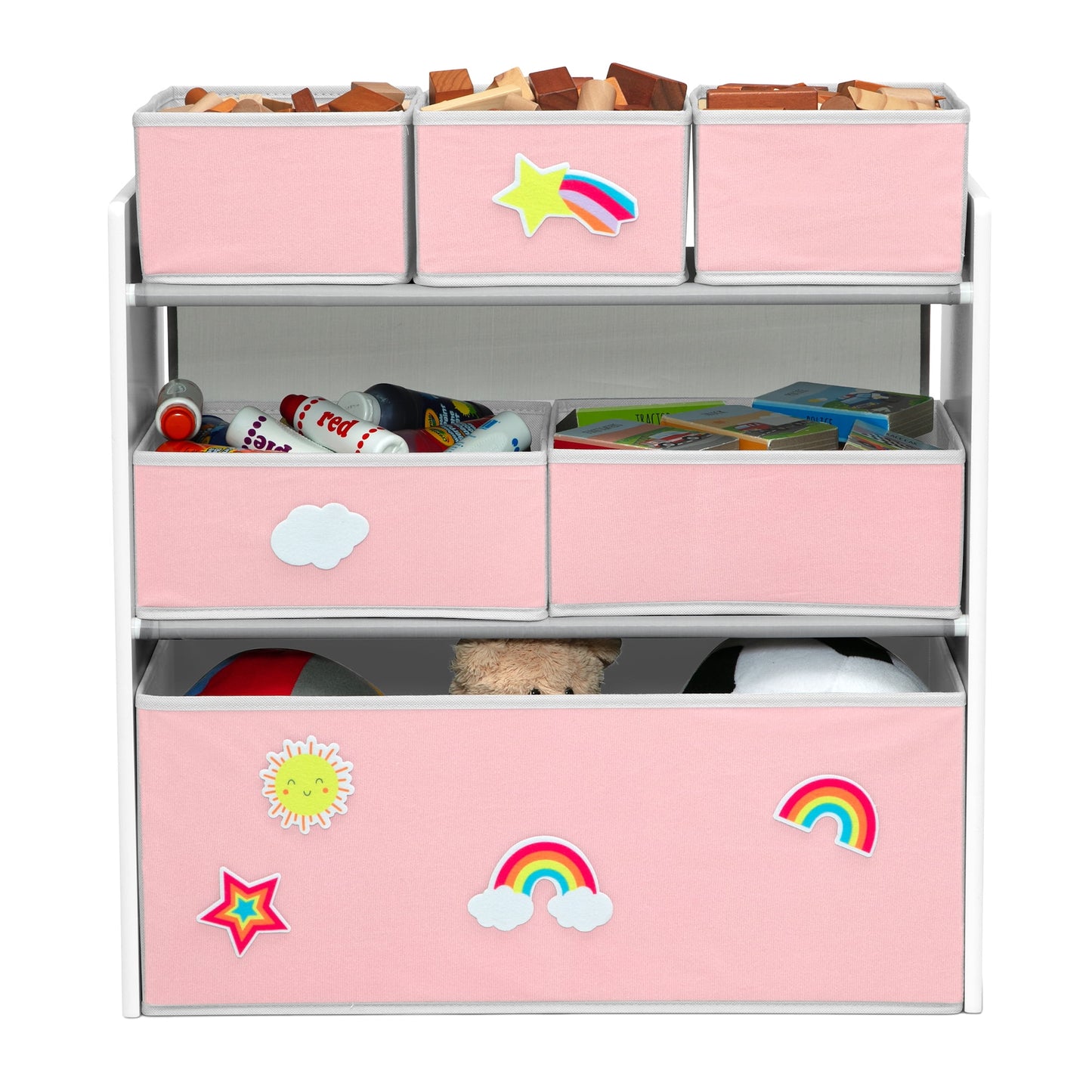 Design &amp; Store 6 Bin Toy Storage Organizer with Interchangeable Patches, Green/Pink