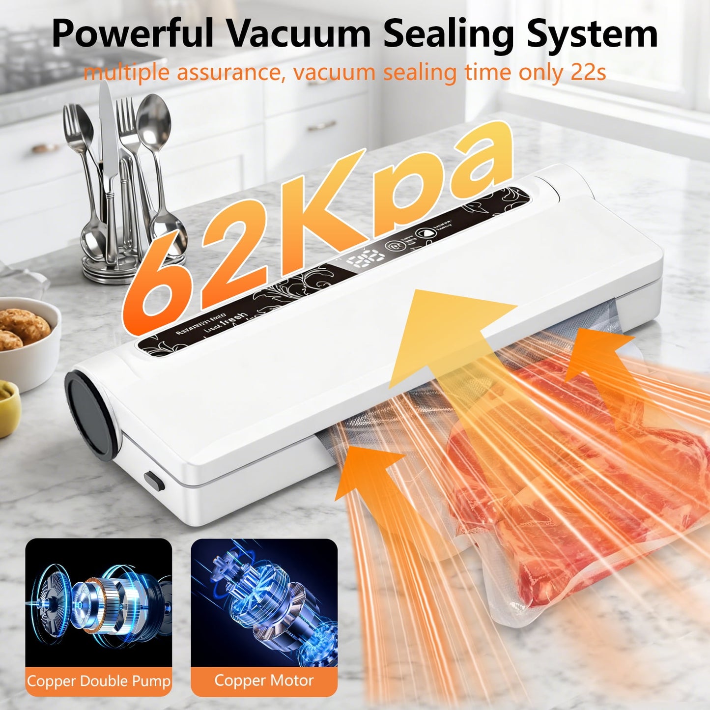 Vacuum Sealer, 62Kpa Food Sealer Machine with Dry/Wet Modes and 20 Sealer Bags for Kitchen Storage &amp; Meal Prep, Digital Countdown Timer, Compact Design