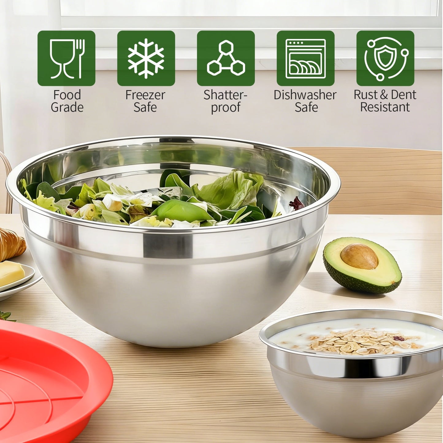 Mixing Bowls Set, 5 PCS Stainless Steel Mixing Bowls, Metal Nesting Storage Bowls for Kitchen, Size 4.5, 3, 2, 1.5, 0.75 QT, Great for Prep, Baking, Serving