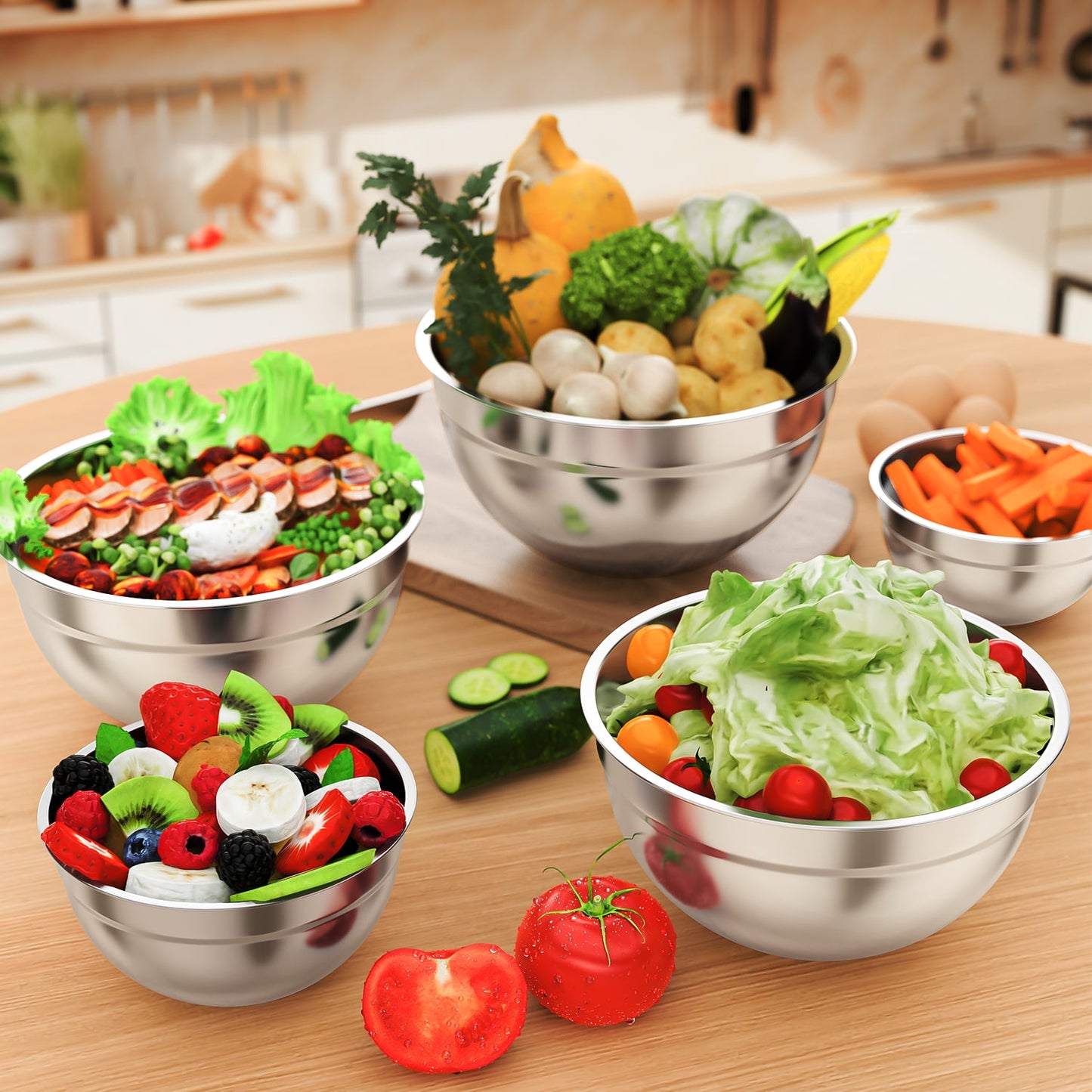 Mixing Bowls Set, 5 PCS Stainless Steel Mixing Bowls, Metal Nesting Storage Bowls for Kitchen, Size 4.5, 3, 2, 1.5, 0.75 QT, Great for Prep, Baking, Serving