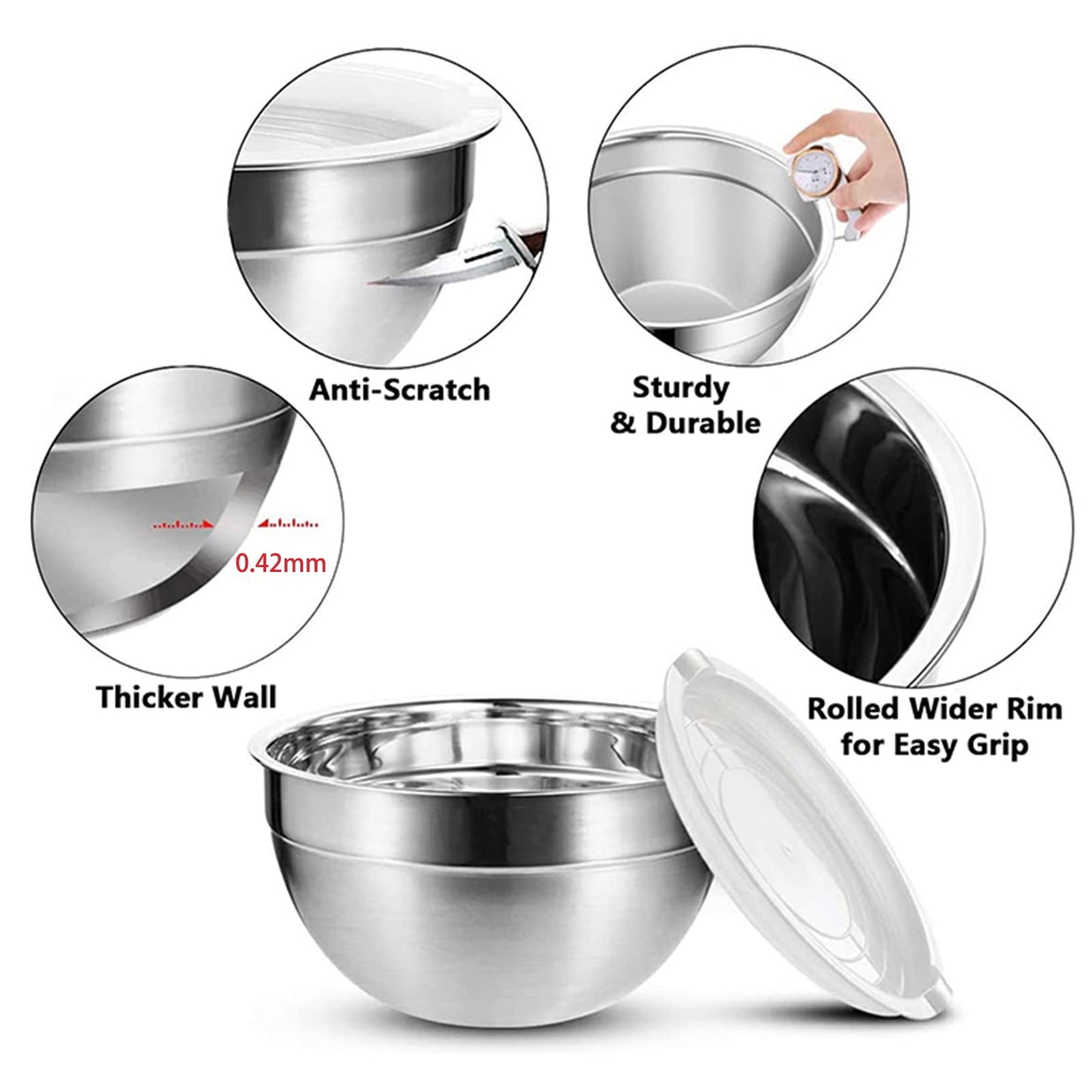 6 Pack Stainless Steel Mixing Bowls Set,Kitchen Metal Meal Prep Bowls with Lids for Baking,Cooking,Serving