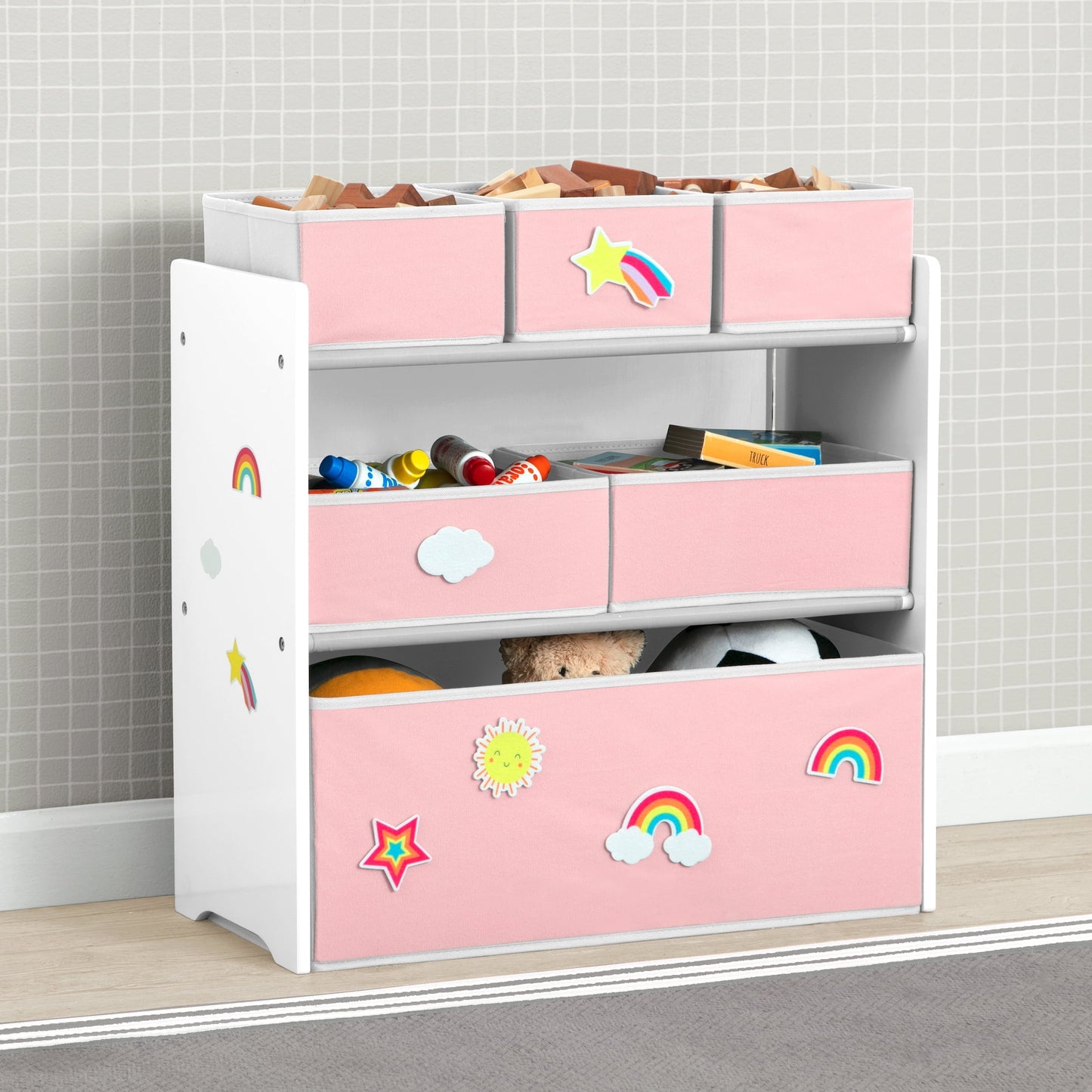 Design &amp; Store 6 Bin Toy Storage Organizer with Interchangeable Patches, Green/Pink