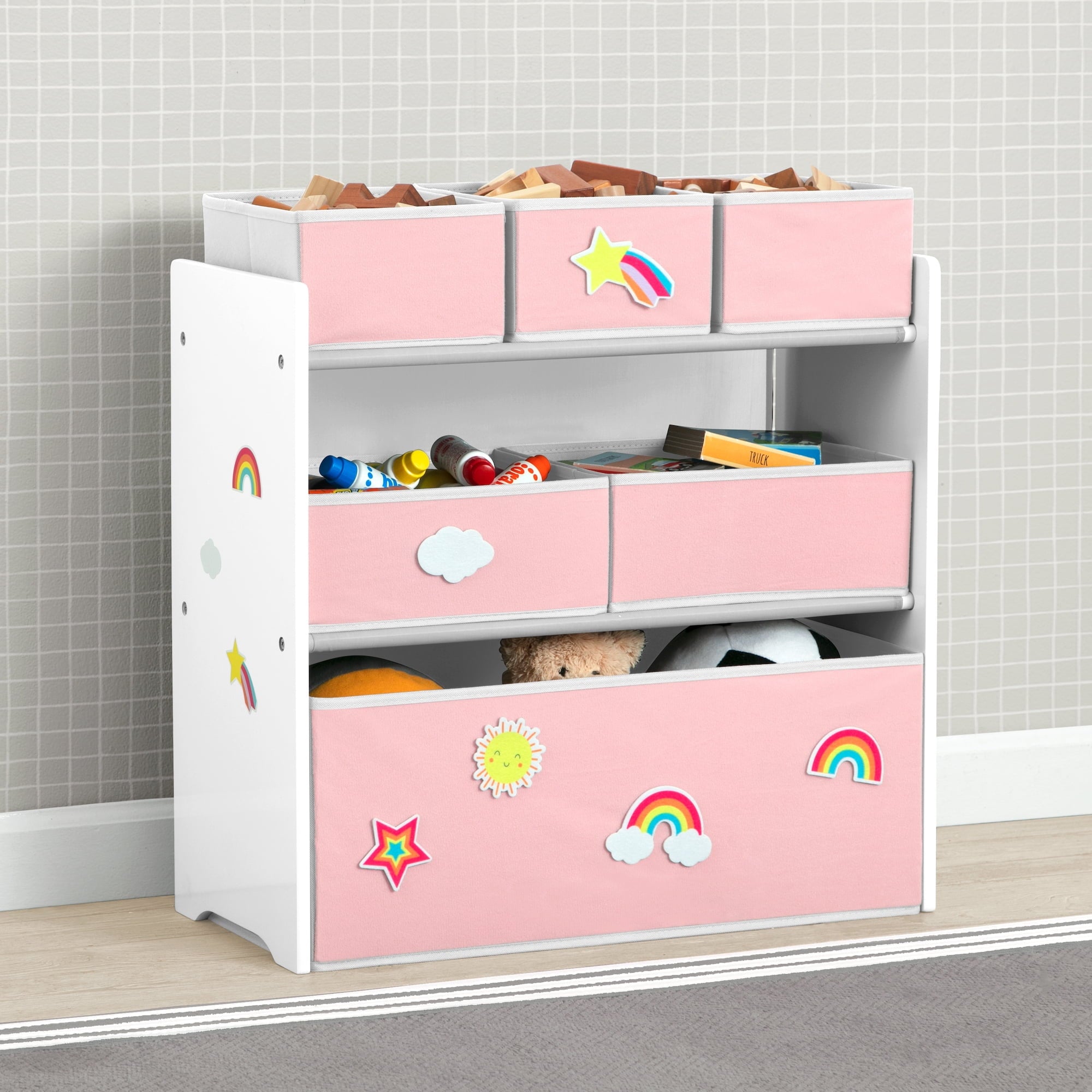 Delta Children Design &amp; Store 6 Bin Toy Storage Organizer with Interchangeable Patches, Green/Pink