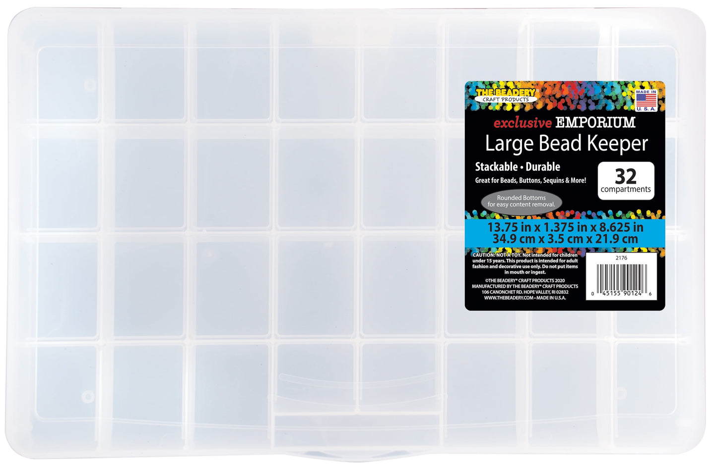 32 Comp Large Bead Keeper Box - Clear Plastic - 2176