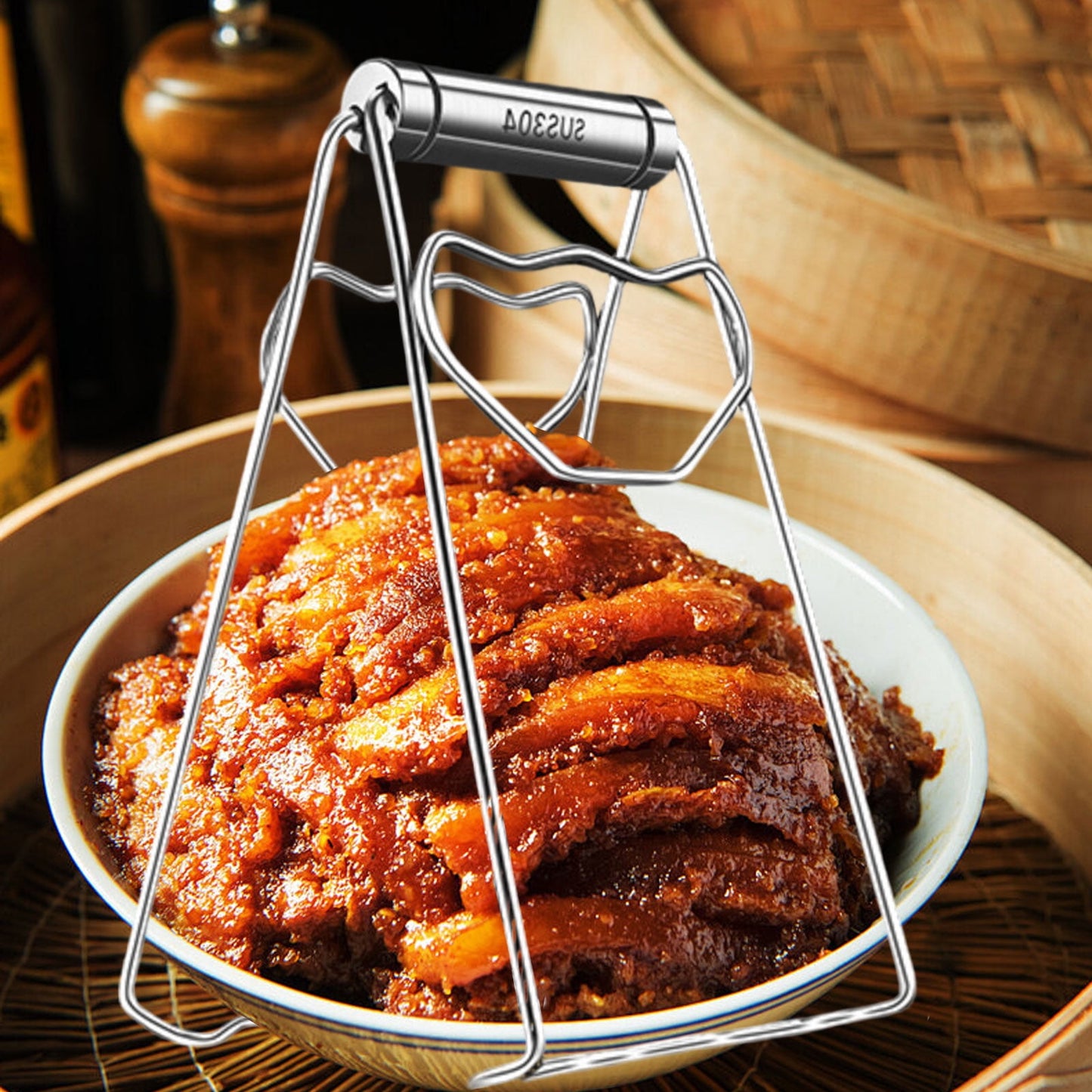 304 Stainless Steel Plate Gripper Tongs Hot Dish Holder Clip Kitchen Bowl Lifter Anti-Scald Pot Clamp Multi-Functional Cookware Tool with Wood Handle A, 7.8", 1Pcs