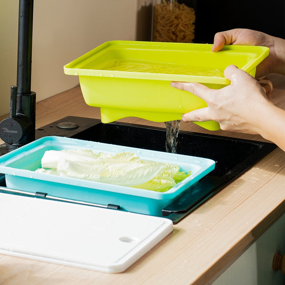 Multifunctional Kitchen Prep Station with Drainage Colander Cutting Board Set Food-Grade Plastic Washing Basin for Vegetables and Dishes and Easy to Clean for Home Cooks and Meal