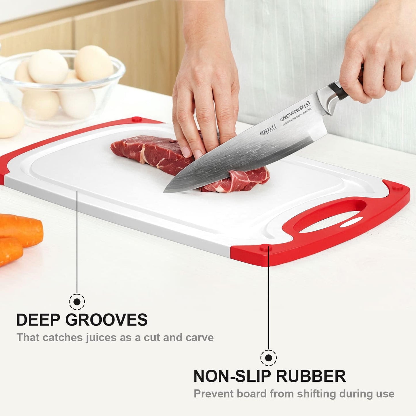 3-Piece Plastic Cutting Board Set, Cutting Boards for Kitchen with Non Slip Handles and Juice Groove, Ideal Chopping for Meat, Vegetables and Fruits, Pink, Blue, Green