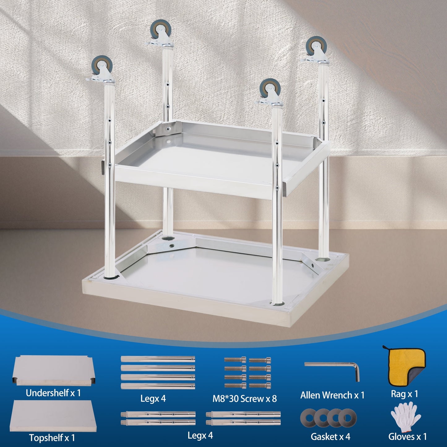 2 Tier Rolling Stainless Steel Table 24x24 Inch Small Prep Table with Adjustable Storage Shelf, 4 Wheels, Glooves &amp; Dishcloth, Rust Resistant &amp; Heavy Duty for Home