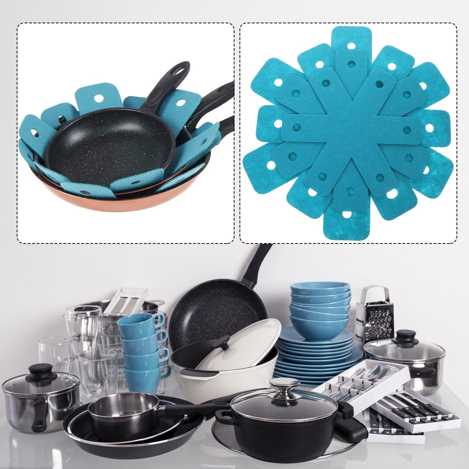 HAMPPLIES Pot Helpers 12Pcs Set Blue Felt Protective Coasters For Kitchenware Surface Protection