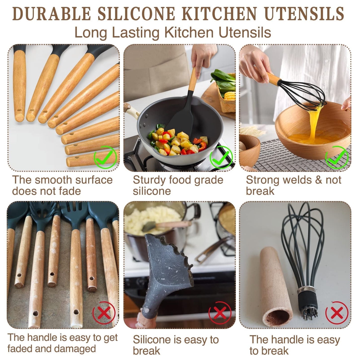 38 Pcs Silicone Cooking Utensils Kitchen Utensil Set - 446°F Heat Resistant,Turner Tongs,Spatula,Spoon,Brush,Whisk. Wooden Handles Kitchen Gadgets Tools Set for Non-Stick Cookware (BPA Free).