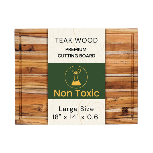 18x14 Inch Teak Wood Cutting Board for Kitchen Meat, Fruit, Pizza Prep - Large Thin Edge Grain with Juice Groove, Solid Hardwood, Non-Toxic, BPA &amp; Plastic Free