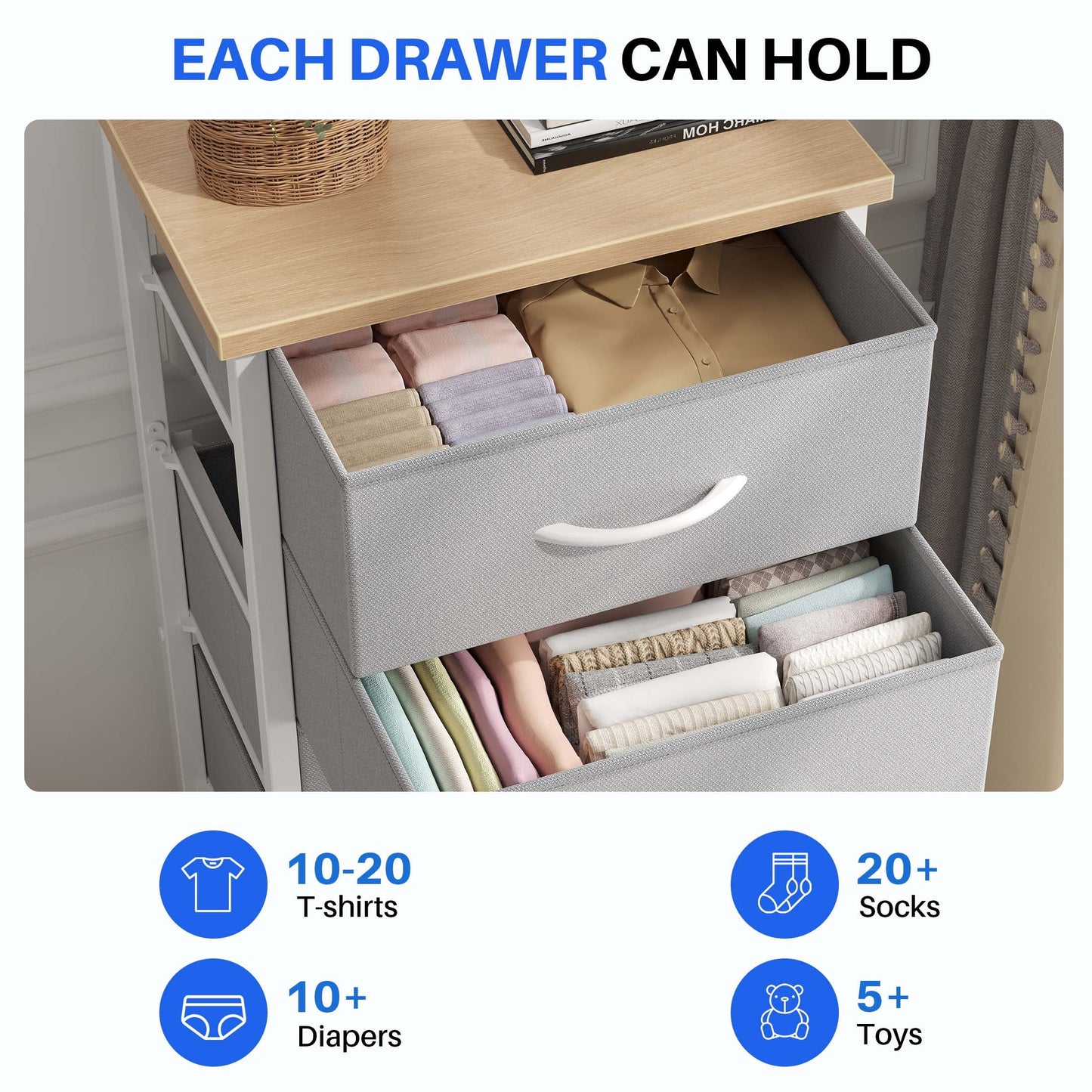 5 Fabric Dresser with 5 Storage Drawers, TV Stand with Wooden Top Metal Frame for Clothes, Living Room, Hallway, Entryway, Rust