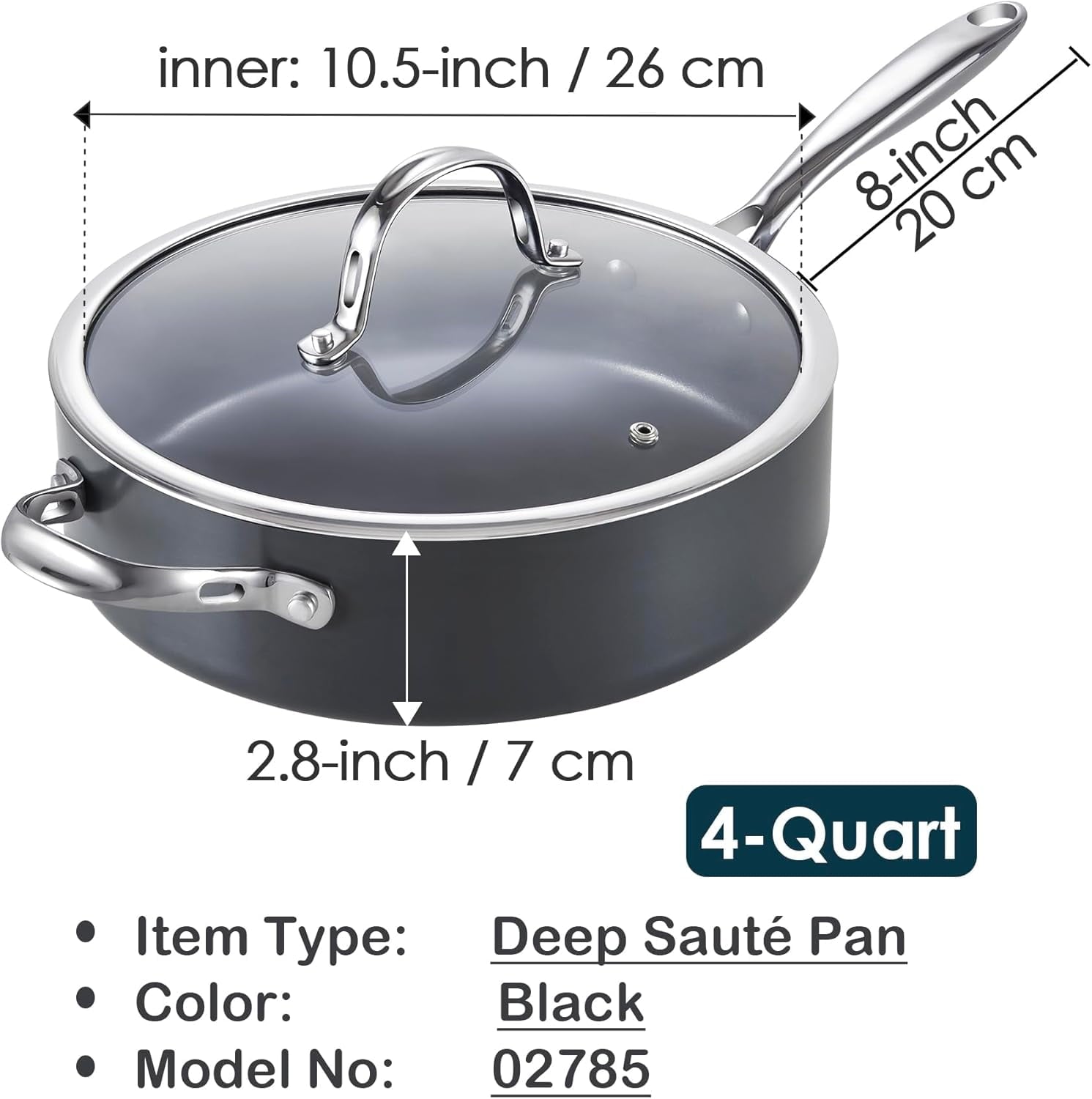 4-QT Nonstick Deep Sauté Pan with Lid, 10.5-inch Deep Frying Pan Hard Anodized Ceramic Nonstick Induction Cookware, Oven Safe Large Skillet Jumbo Cooker Sartén, Helper Handle, Black