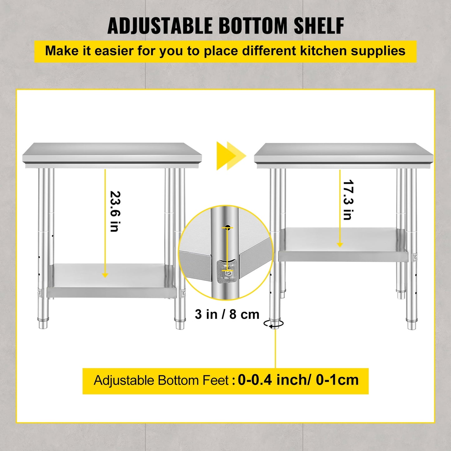 35 x 24 x 31 Inch Metal Prep Station, Heavy Duty Commercial Food Prep Work Table up to 700 lbs, Robust Stainless Steel Work Table with 3 Height Adjustment Options for Kitchen, Restaurant