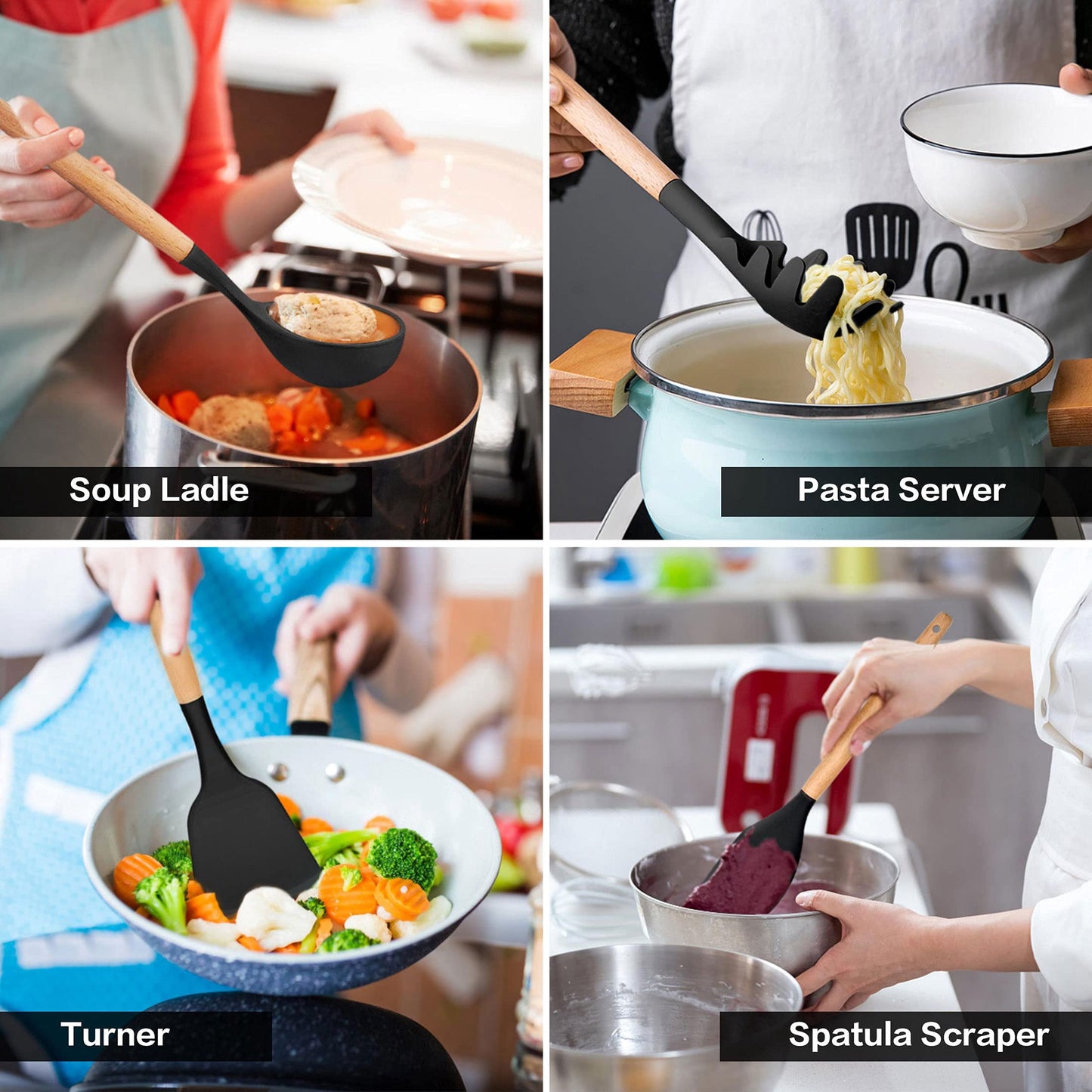 38 Pcs Silicone Cooking Utensils Kitchen Utensil Set - 446°F Heat Resistant,Turner Tongs,Spatula,Spoon,Brush,Whisk. Wooden Handles Kitchen Gadgets Tools Set for Non-Stick Cookware (BPA Free).
