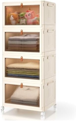 4 Tier Storage Bins with Lids, 23QT Stackable Closet Organizers and Storage with Wheels, Collapsible Storage Boxes, Plastic Storage Containers for Home,Office, Dorm Room-White