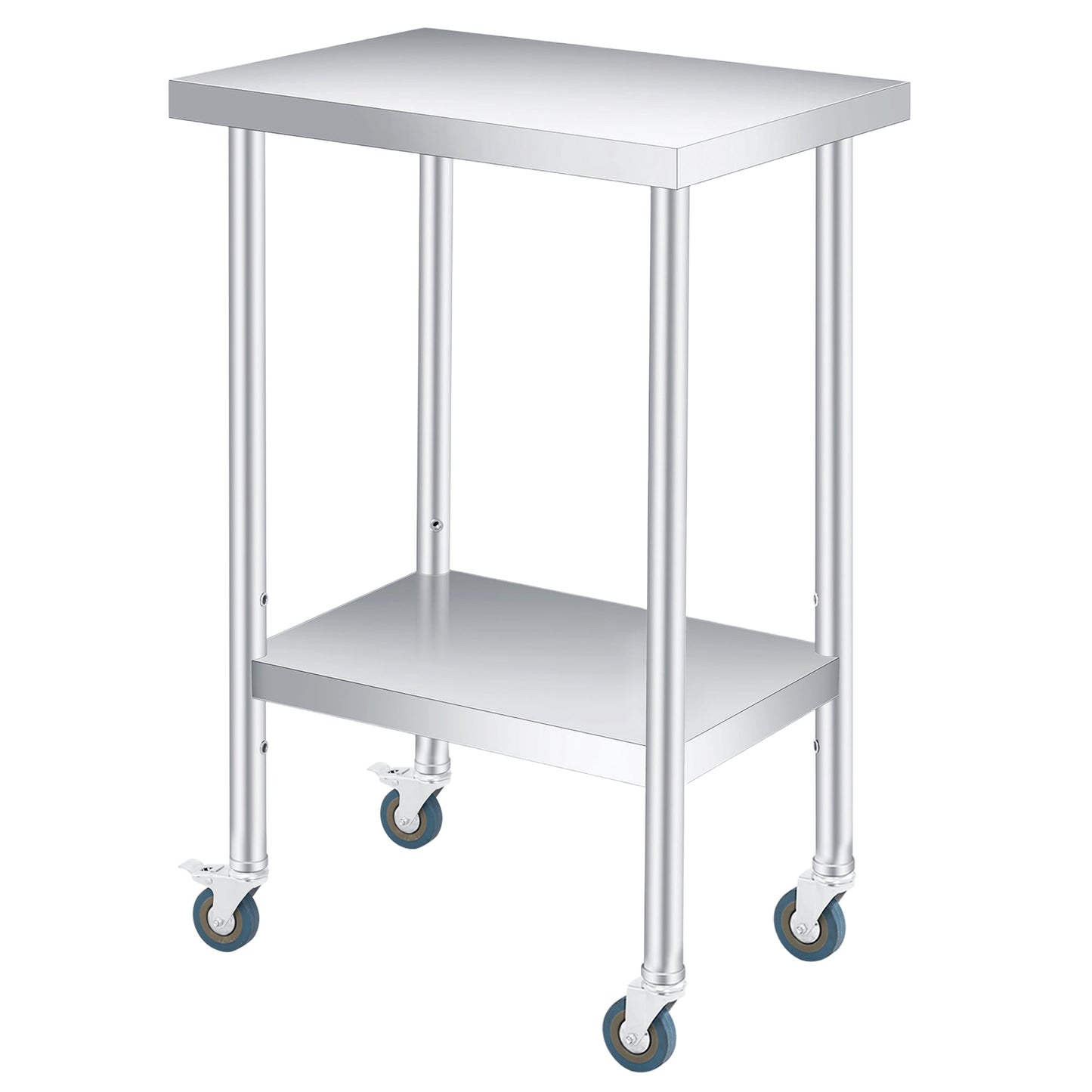 2 Tier Rolling Stainless Steel Table 24x24 Inch Small Prep Table with Adjustable Storage Shelf, 4 Wheels, Glooves &amp; Dishcloth, Rust Resistant &amp; Heavy Duty for Home