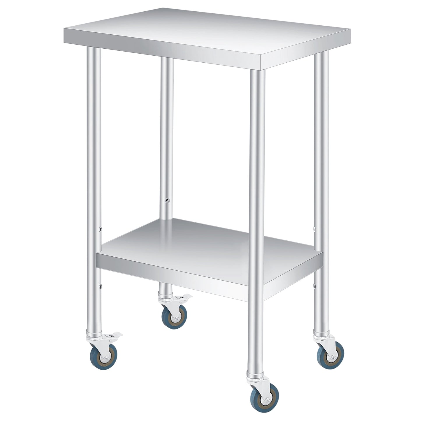 2 Tier Rolling Stainless Steel Table 24x24 Inch Small Prep Table with Adjustable Storage Shelf, 4 Wheels, Glooves &amp; Dishcloth, Rust Resistant &amp; Heavy Duty for Home