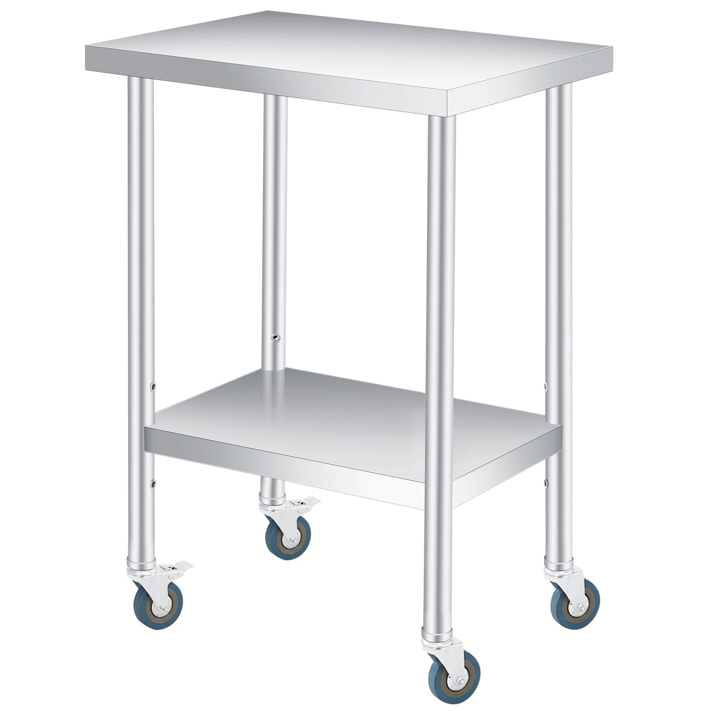 2 Tier Rolling Stainless Steel Table 24x24 Inch Small Prep Table with Adjustable Storage Shelf, 4 Wheels, Glooves &amp; Dishcloth, Rust Resistant &amp; Heavy Duty for Home