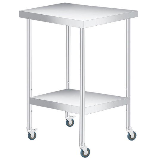 2 Tier Rolling Stainless Steel Table 24x24 Inch Small Prep Table with Adjustable Storage Shelf, 4 Wheels, Glooves &amp; Dishcloth, Rust Resistant &amp; Heavy Duty for Home
