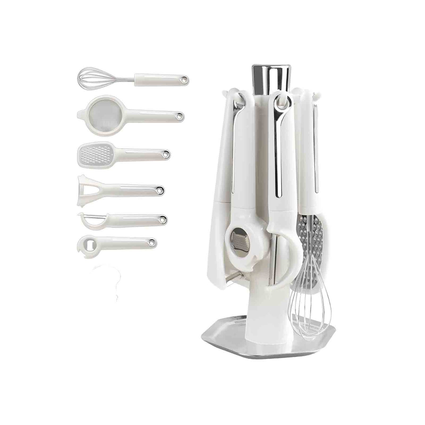 Kitchen Helper Tool Set,Multifunctional Storage Rack,Stainless Steel Grater,Egg Whisk Bottle Opener,Strainer Peeler Set,Wooden Hook Rack,Easy Clean Utensils,7 Piece Cookware Set,Desert Theme Rack