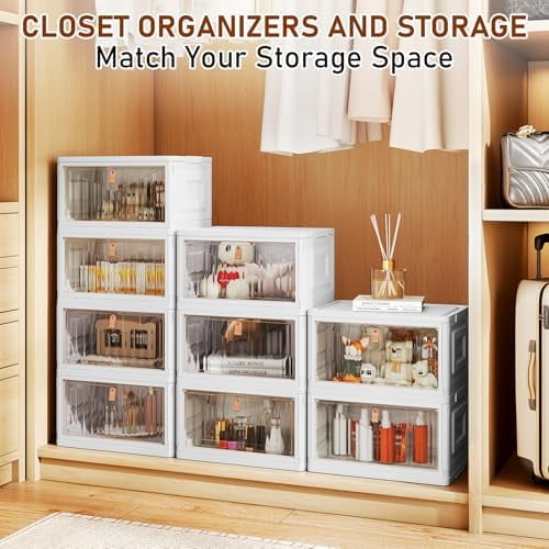 4 Tier Storage Bins with Lids, 23QT Stackable Closet Organizers and Storage with Wheels, Collapsible Storage Boxes, Plastic Storage Containers for Home,Office, Dorm Room-White