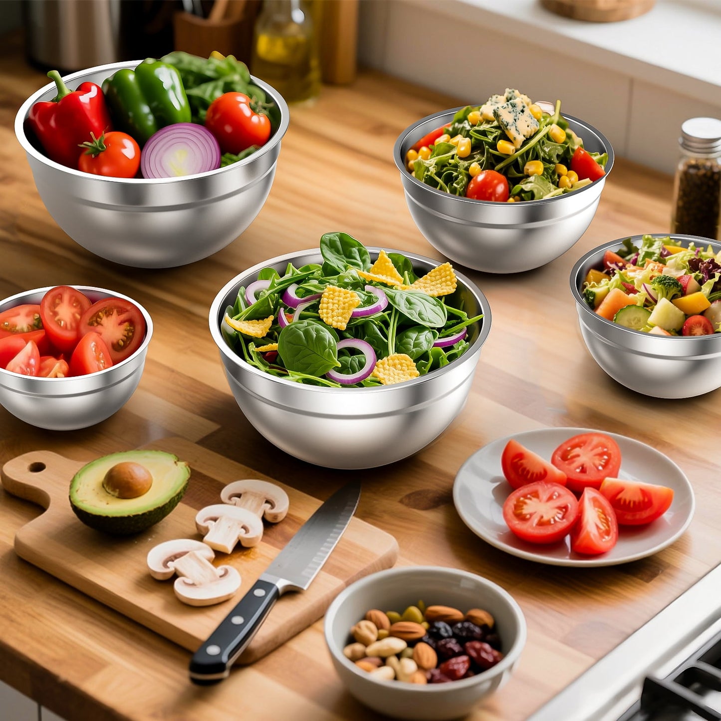 Mixing Bowls Set, 5 PCS Stainless Steel Mixing Bowls, Metal Nesting Storage Bowls for Kitchen, Size 4.5, 3, 2, 1.5, 0.75 QT, Great for Prep, Baking, Serving