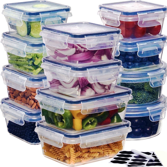 24-Pack Airtight Food Storage Container Set With Easy Snap Lock Lids - Plastic Containers For Picnics With 12 Boxes and 12 Lids, Camping, Office, And School