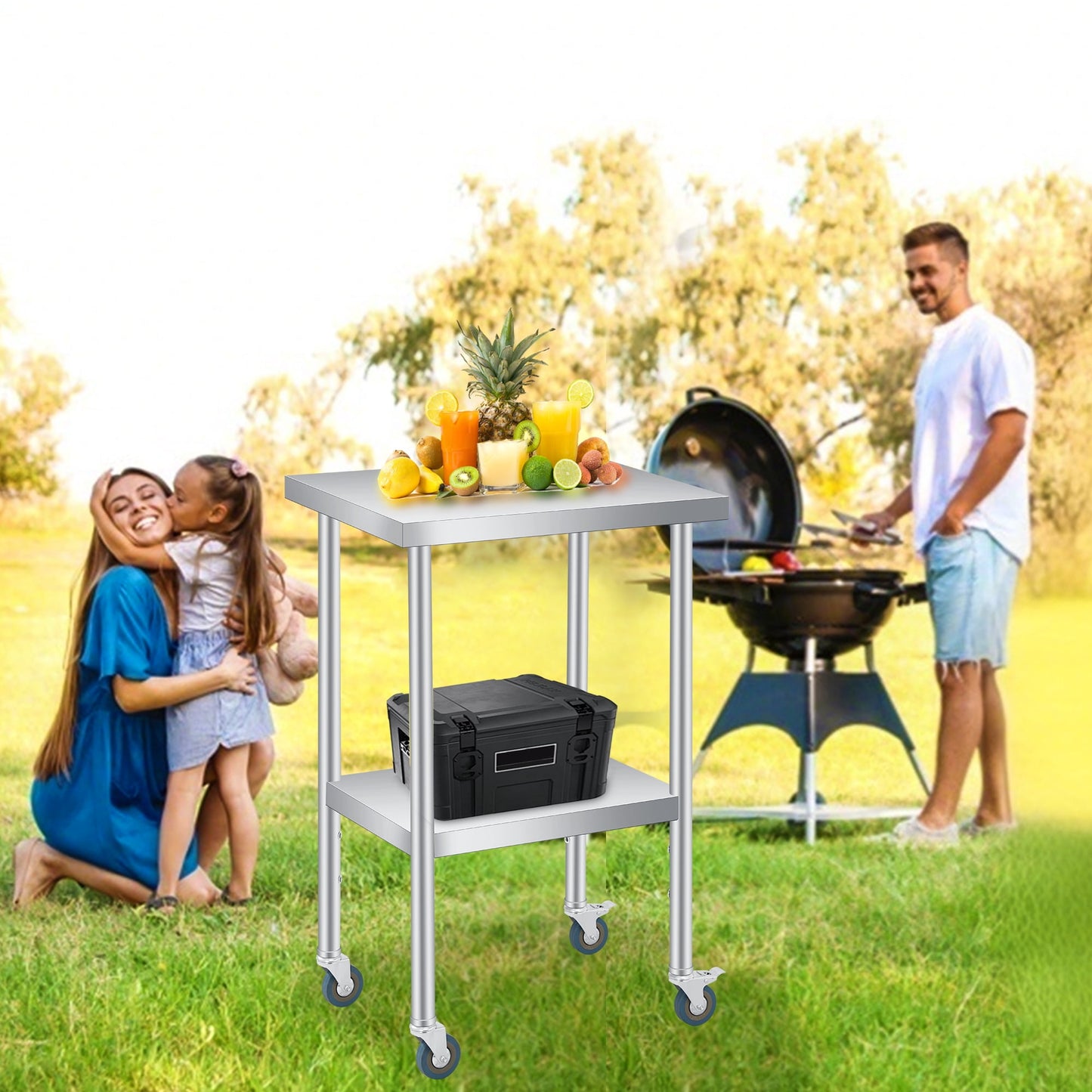 2 Tier Rolling Stainless Steel Table 24x24 Inch Small Prep Table with Adjustable Storage Shelf, 4 Wheels, Glooves &amp; Dishcloth, Rust Resistant &amp; Heavy Duty for Home