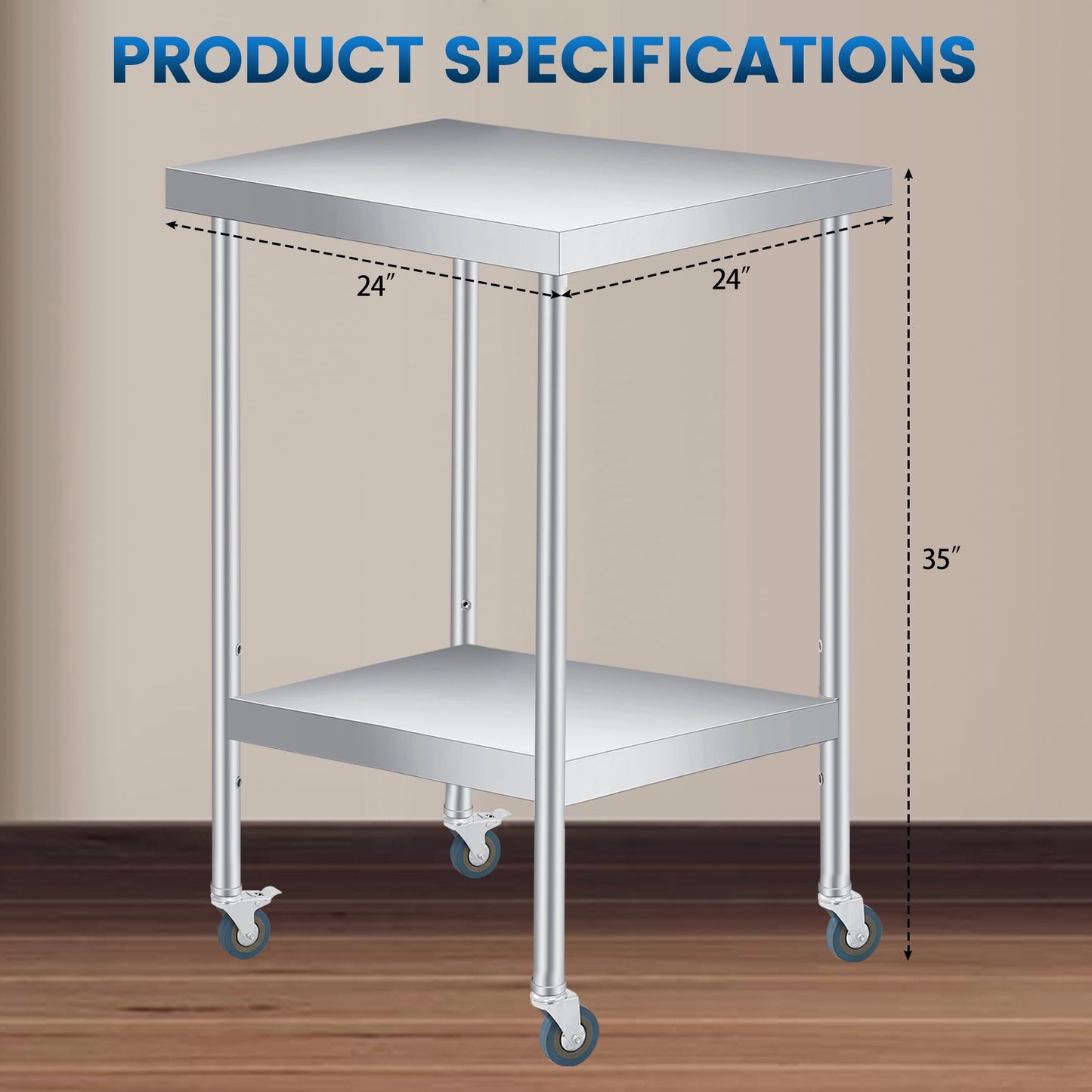 2 Tier Rolling Stainless Steel Table 24x24 Inch Small Prep Table with Adjustable Storage Shelf, 4 Wheels, Glooves &amp; Dishcloth, Rust Resistant &amp; Heavy Duty for Home