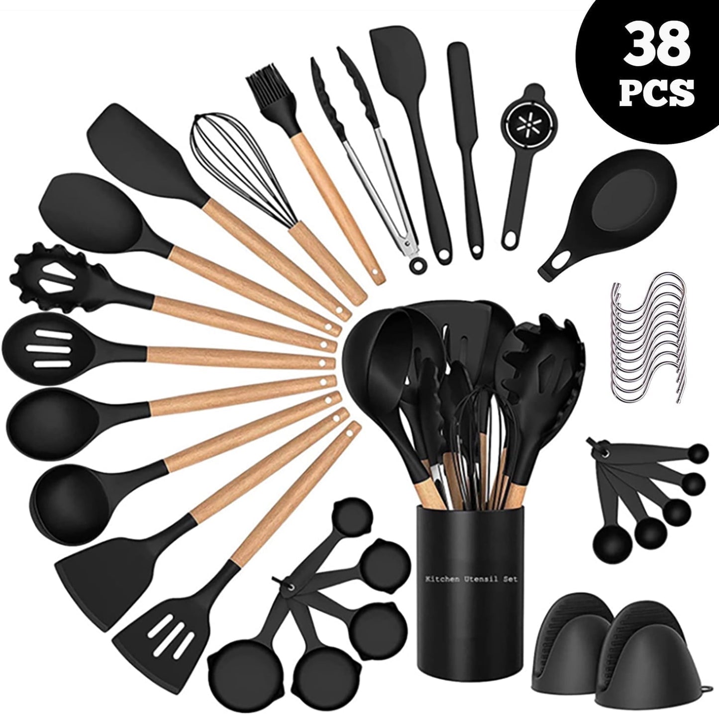 38 Pcs Silicone Cooking Utensils Kitchen Utensil Set - 446°F Heat Resistant,Turner Tongs,Spatula,Spoon,Brush,Whisk. Wooden Handles Kitchen Gadgets Tools Set for Non-Stick Cookware (BPA Free).