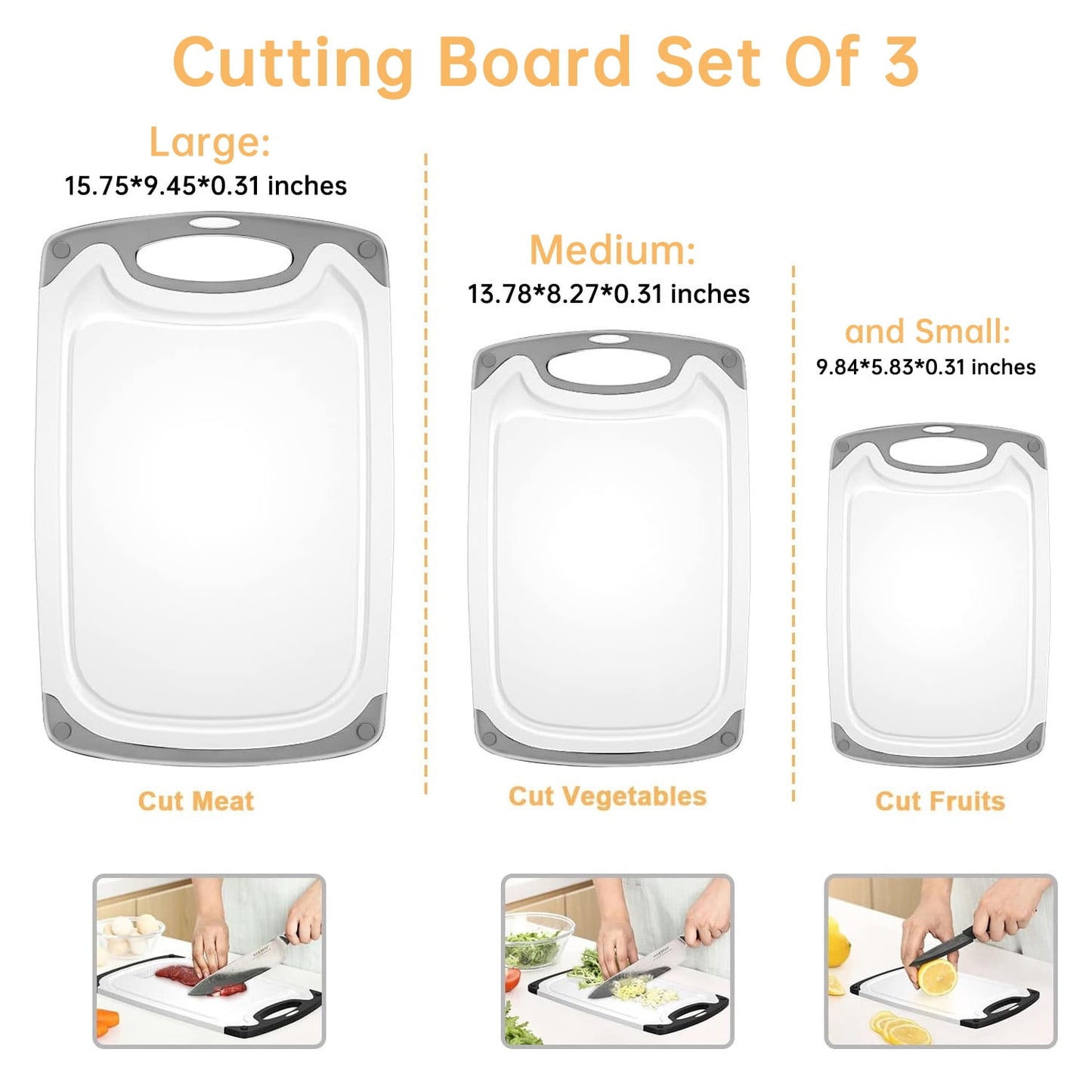 3-Piece Plastic Cutting Board Set, Cutting Boards for Kitchen with Non Slip Handles and Juice Groove, Ideal Chopping for Meat, Vegetables and Fruits, Pink, Blue, Green