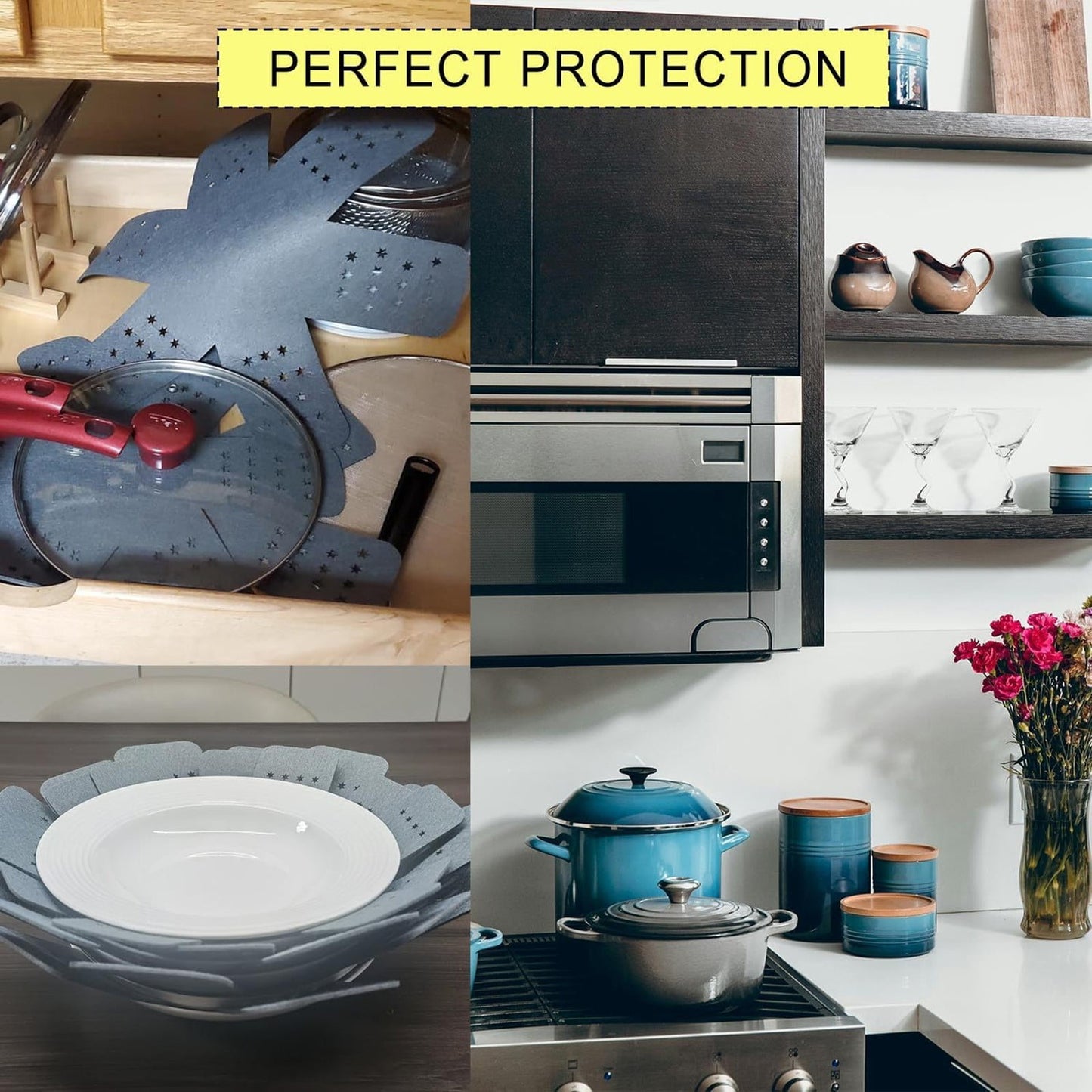 12-Pack Gray Silicone Pot &amp; Pan Protectors (4 Sizes) | Heat-Resistant Cookware Dividers for Stacking Pots, Pans &amp; Lids | Scratch Prevention Cabinet Organizer for Kitchen Storage