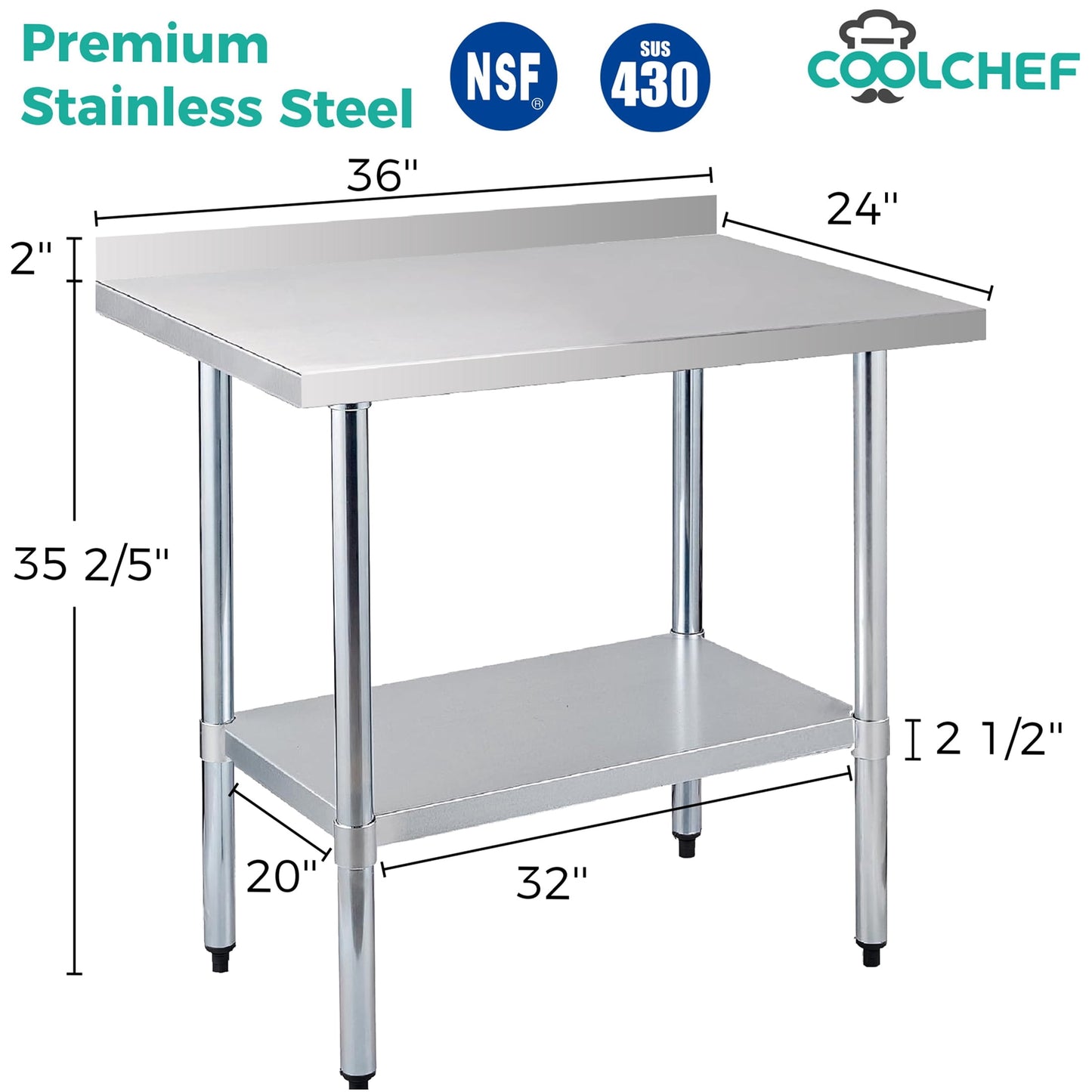 18-Gauge Stainless Steel Prep Table 24x36 Inch with Undershelf, NSF Certified Commercial Kitchen Worktable, Silver