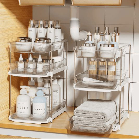 2-Pack 3-Tier Pull-Out Under Sink Organizer, Stackable Sliding Storage Shelves for Bathroom Kitchen Pantry (White)