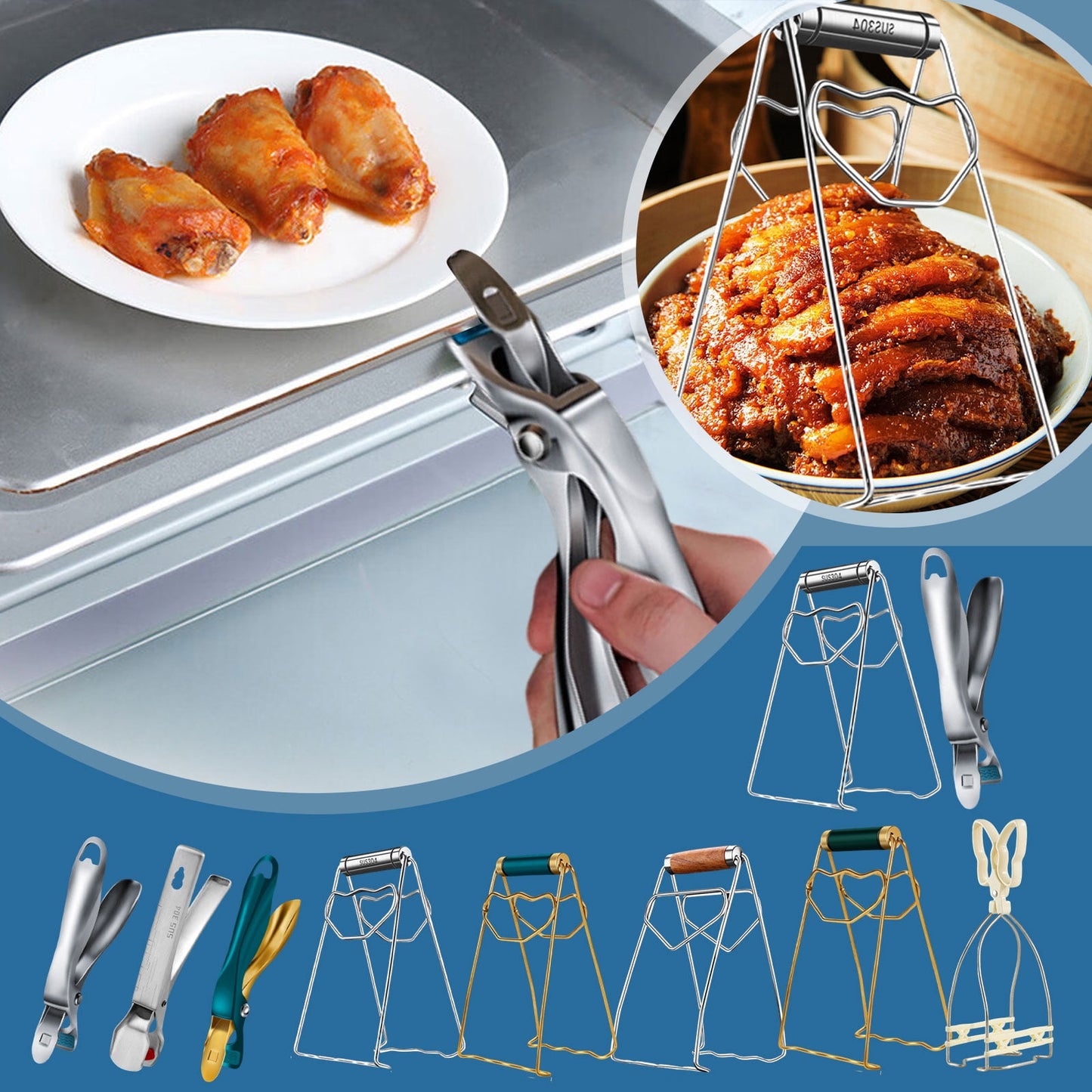 304 Stainless Steel Plate Gripper Tongs Hot Dish Holder Clip Kitchen Bowl Lifter Anti-Scald Pot Clamp Multi-Functional Cookware Tool with Wood Handle A, 7.8", 1Pcs