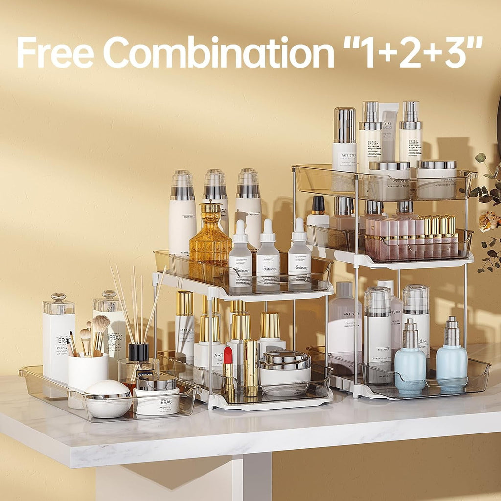 Delamu 2-Pack 3-Tier Pull-Out Under Sink Organizer, Stackable Sliding Storage Shelves for Bathroom Kitchen Pantry (White)