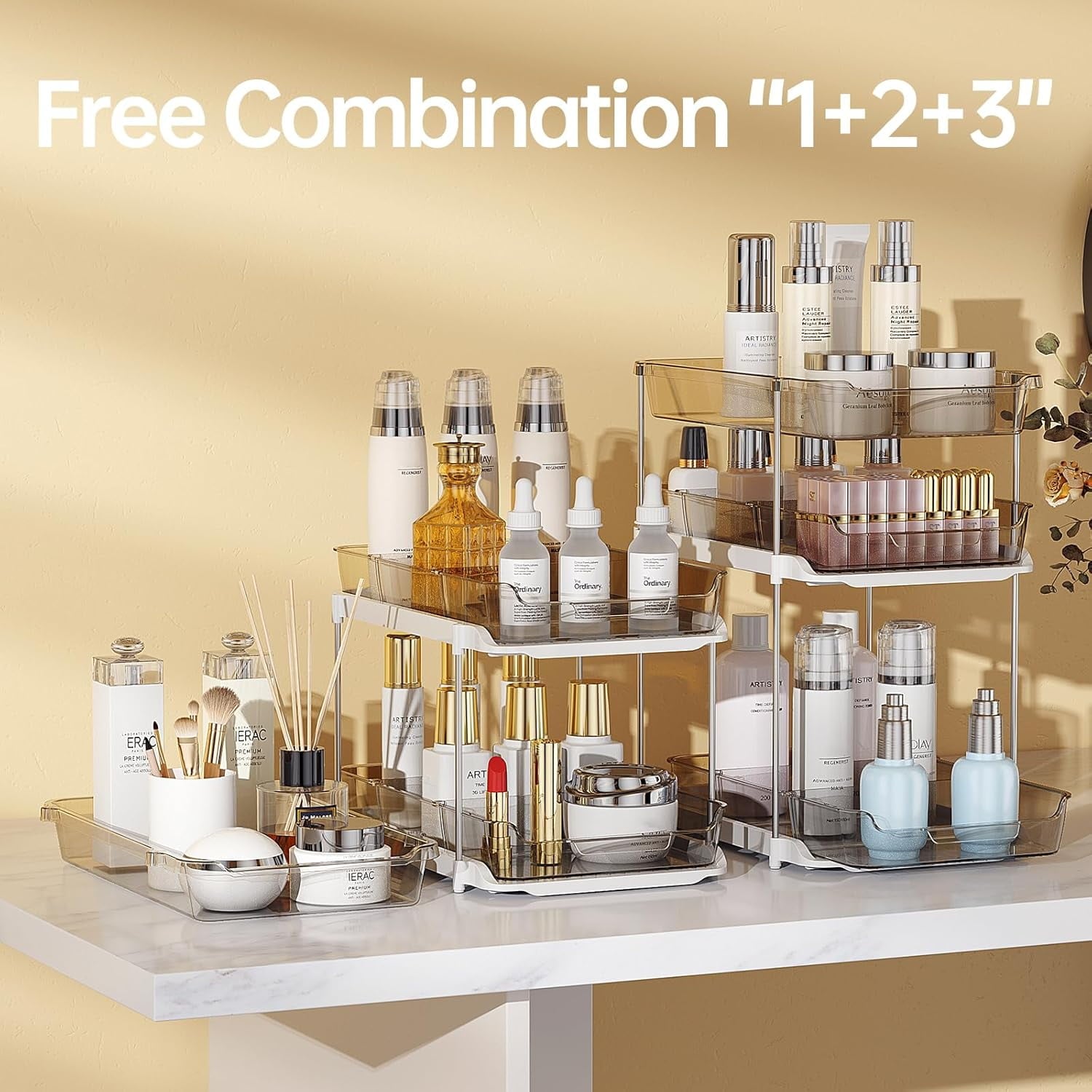 Delamu 2-Pack 3-Tier Pull-Out Under Sink Organizer, Stackable Sliding Storage Shelves for Bathroom Kitchen Pantry (White)