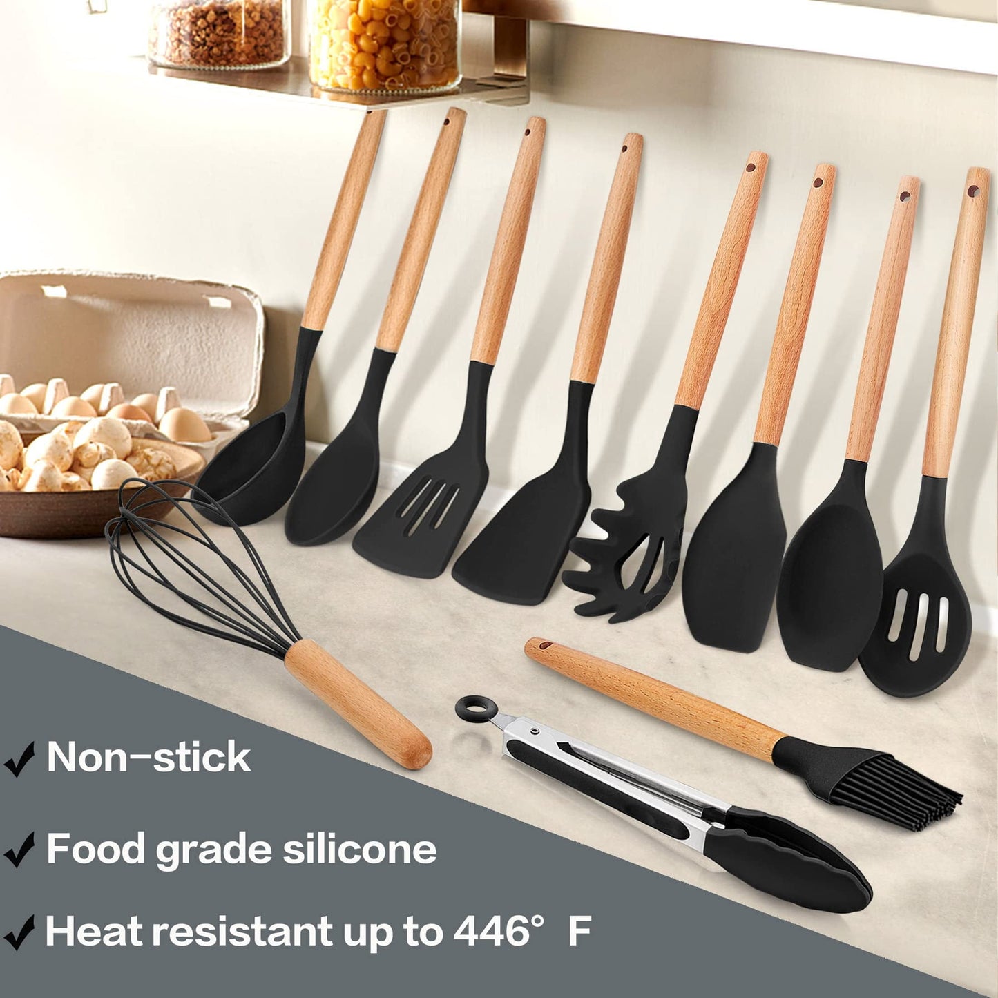 38 Pcs Silicone Cooking Utensils Kitchen Utensil Set - 446°F Heat Resistant,Turner Tongs,Spatula,Spoon,Brush,Whisk. Wooden Handles Kitchen Gadgets Tools Set for Non-Stick Cookware (BPA Free).