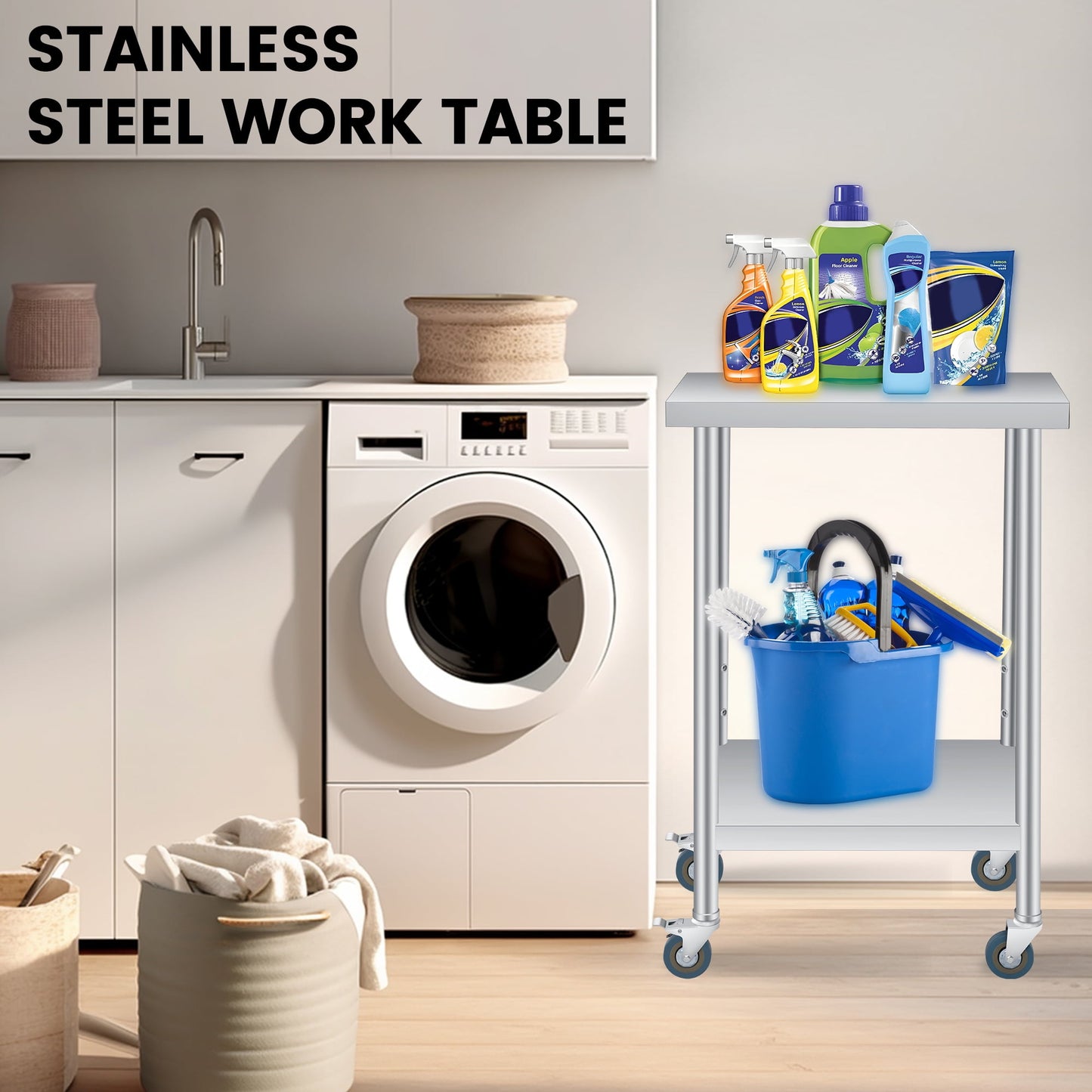 2 Tier Rolling Stainless Steel Table 24x24 Inch Small Prep Table with Adjustable Storage Shelf, 4 Wheels, Glooves &amp; Dishcloth, Rust Resistant &amp; Heavy Duty for Home