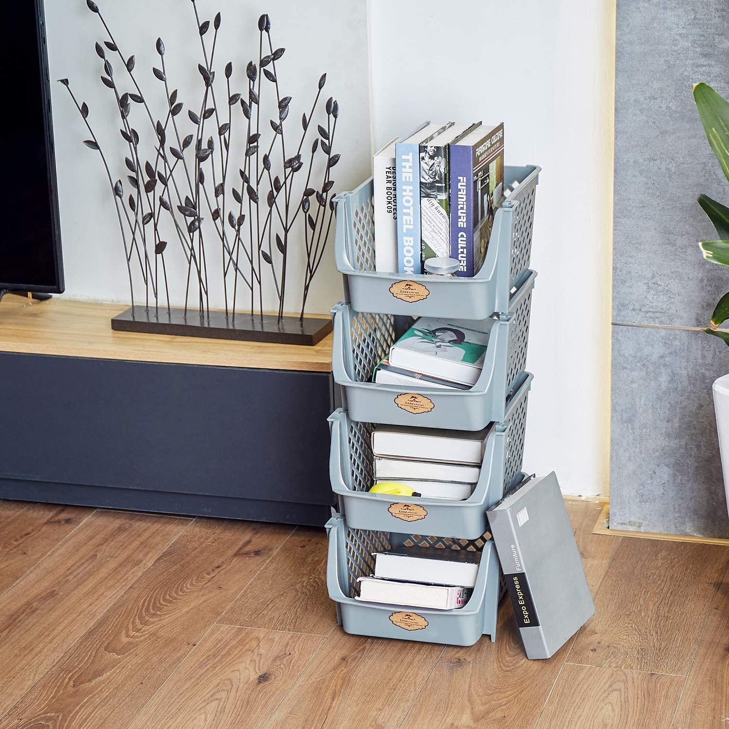 HOUSE DAY Storage Bins Set of 4, Plastic Storage Containers for Organization and Storage, Gray