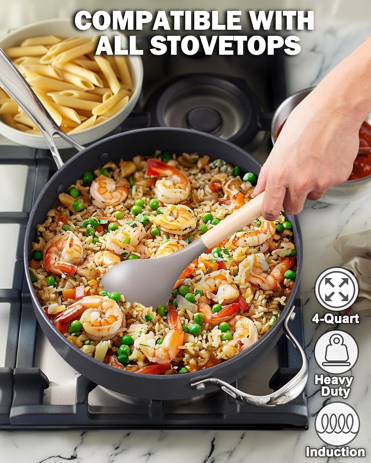 4-QT Nonstick Deep Sauté Pan with Lid, 10.5-inch Deep Frying Pan Hard Anodized Ceramic Nonstick Induction Cookware, Oven Safe Large Skillet Jumbo Cooker Sartén, Helper Handle, Black