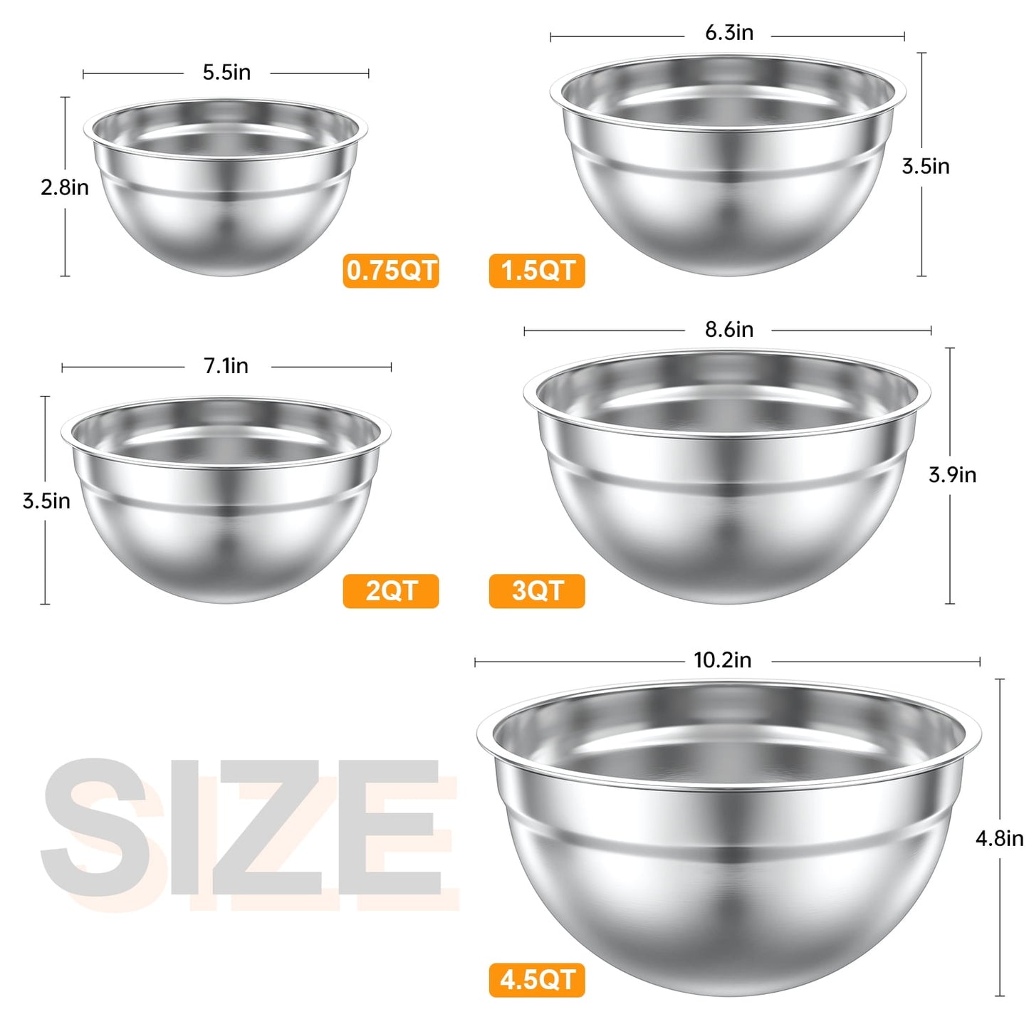 Mixing Bowls Set, 5 PCS Stainless Steel Mixing Bowls, Metal Nesting Storage Bowls for Kitchen, Size 4.5, 3, 2, 1.5, 0.75 QT, Great for Prep, Baking, Serving