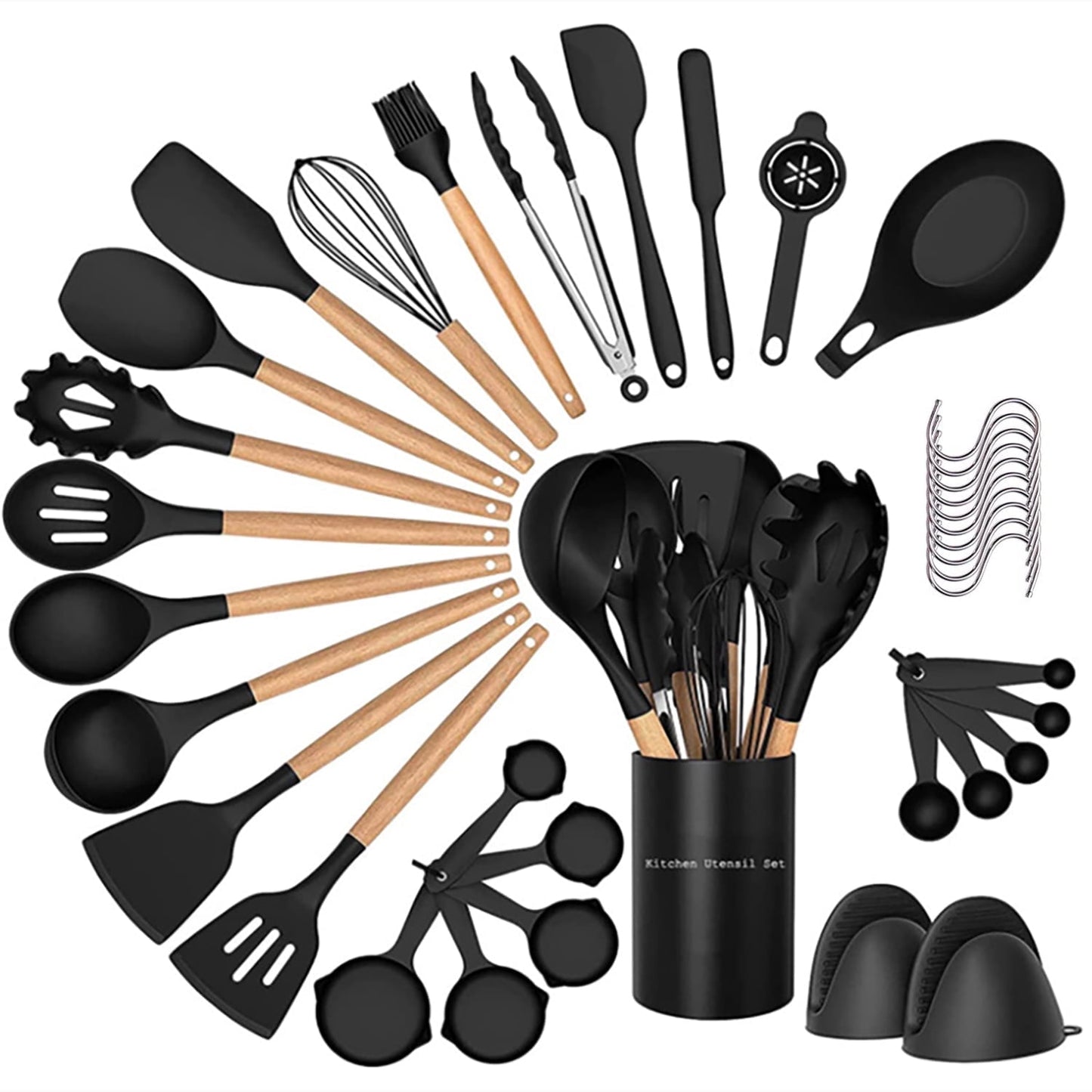 38 Pcs Silicone Cooking Utensils Kitchen Utensil Set - 446°F Heat Resistant,Turner Tongs,Spatula,Spoon,Brush,Whisk. Wooden Handles Kitchen Gadgets Tools Set for Non-Stick Cookware (BPA Free).